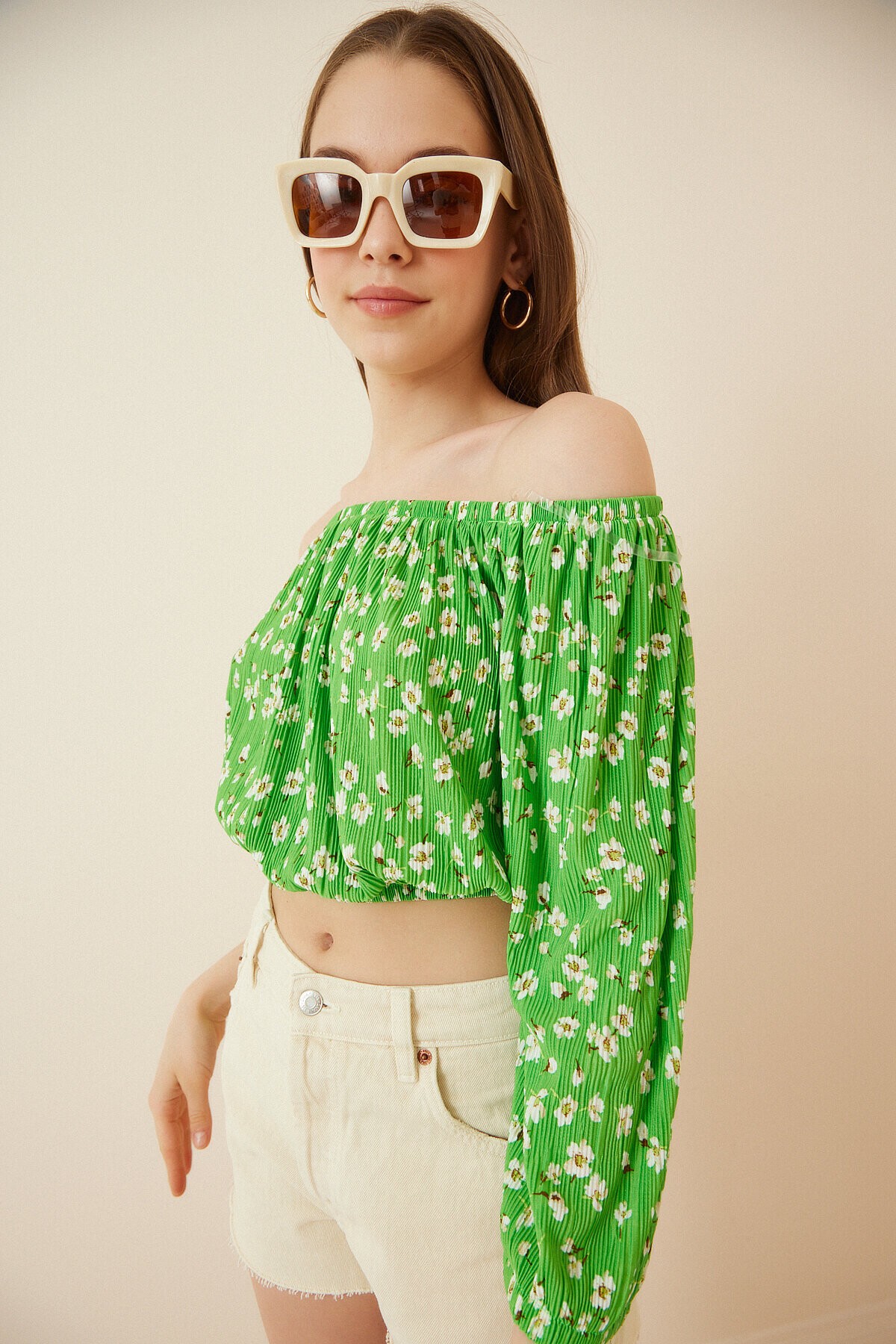 Çiçekli Carmen Yaka Crop Bluz YEŞİL LBZ0001