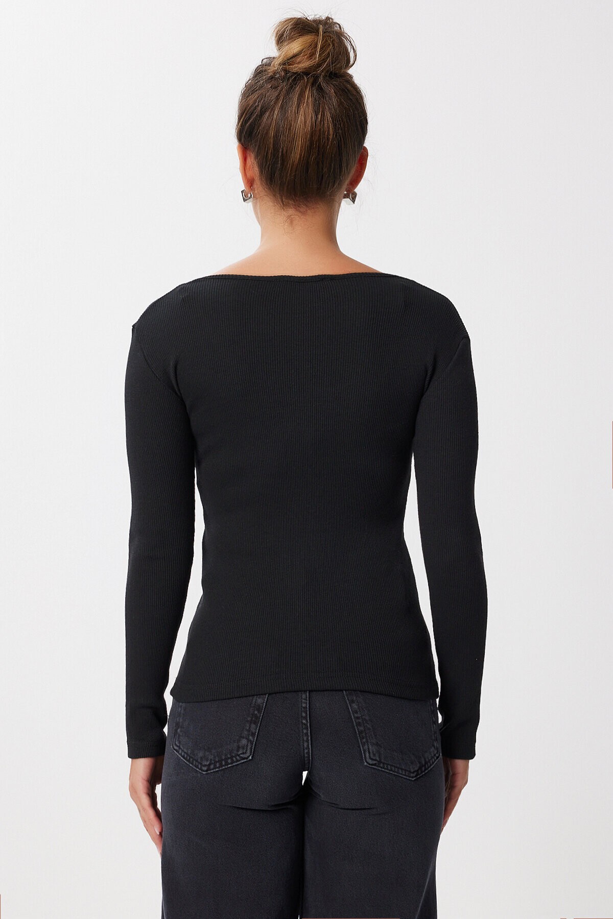 Dantel Detaylı Fitilli Örme Bluz SİYAH LEN0031
