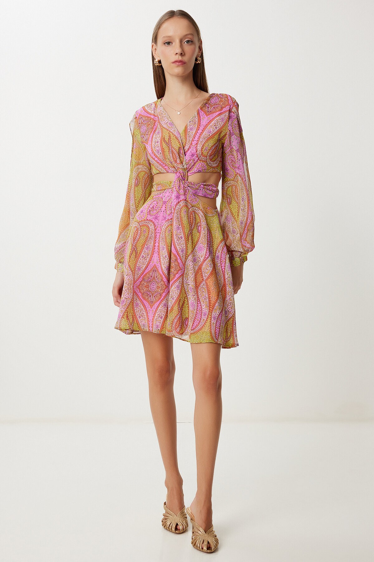 Desenli Cut Out Detaylı Şifon Elbise PEMBE SARI LFG0092