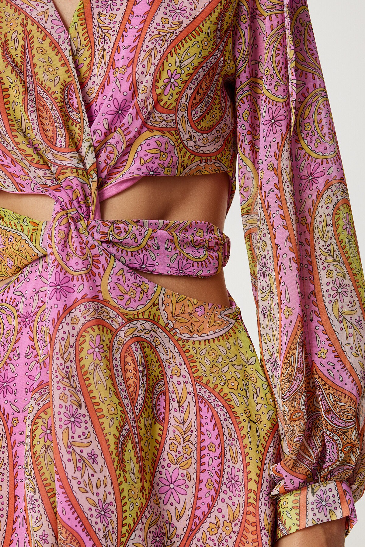 Desenli Cut Out Detaylı Şifon Elbise PEMBE SARI LFG0092