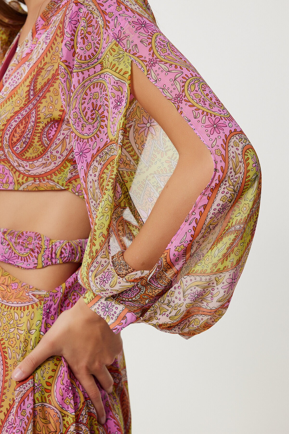 Desenli Cut Out Detaylı Şifon Elbise PEMBE SARI LFG0092
