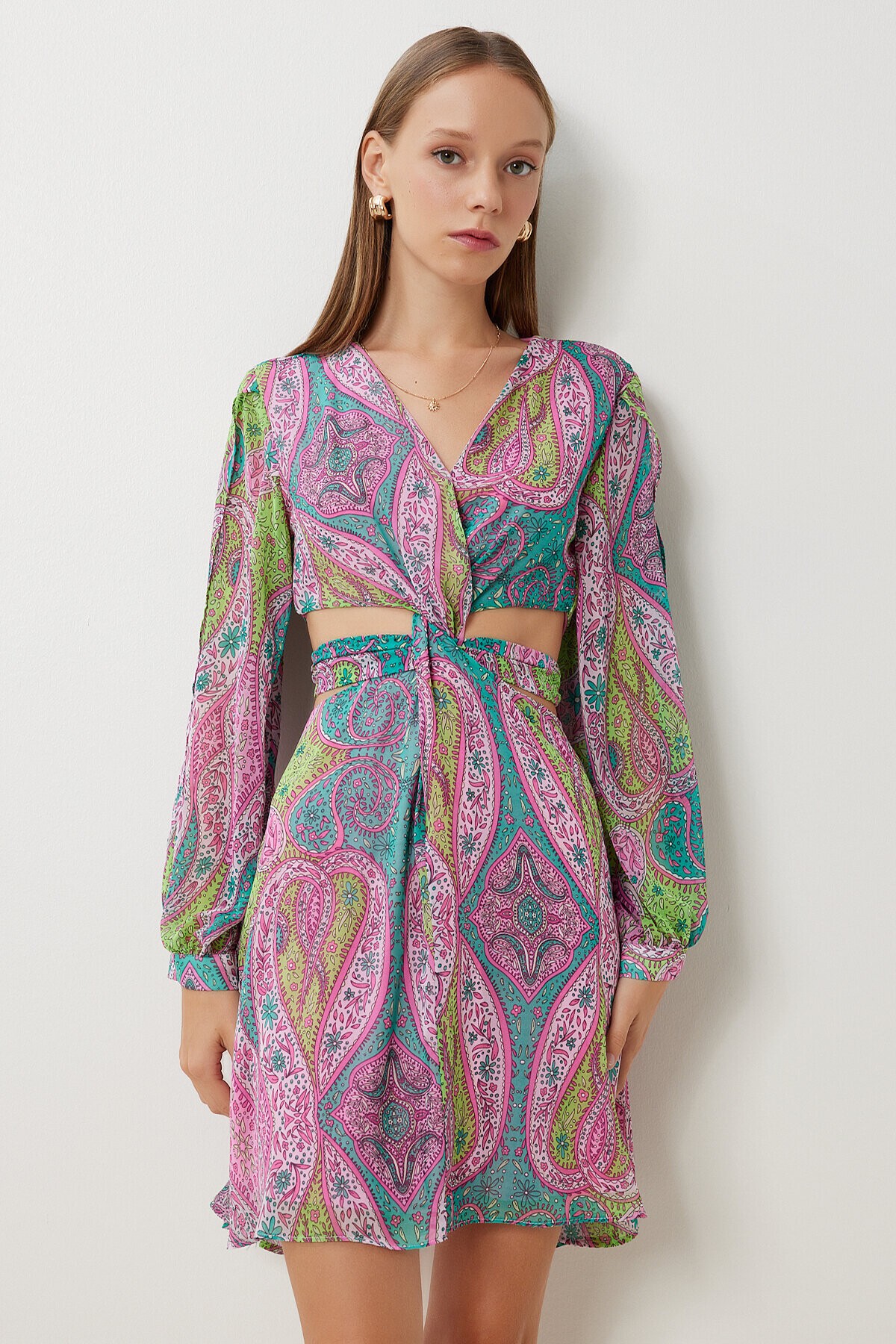 Desenli Cut Out Detaylı Şifon Elbise PEMBE YEŞİL LFG0092