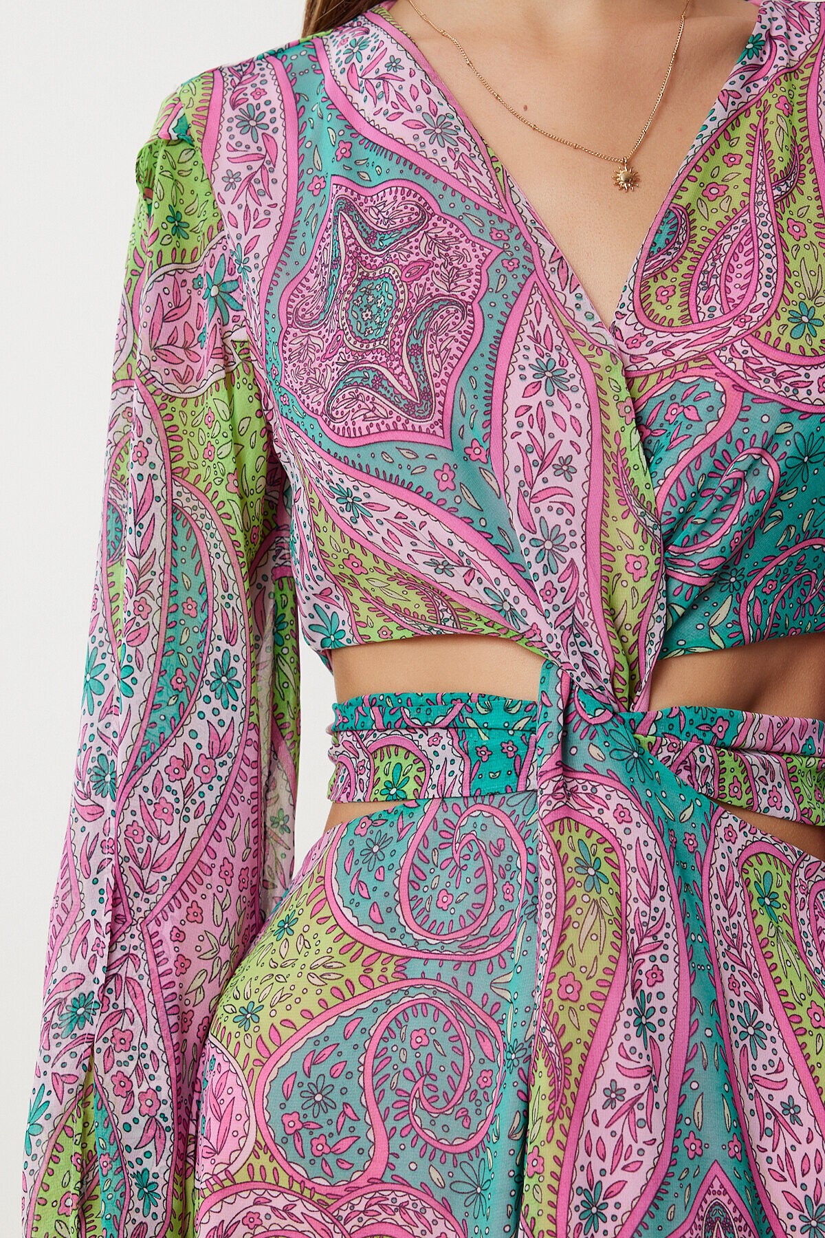 Desenli Cut Out Detaylı Şifon Elbise PEMBE YEŞİL LFG0092