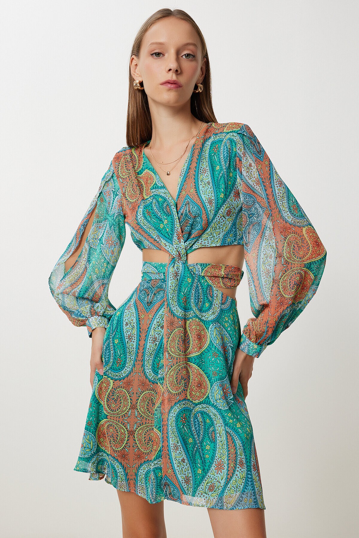 Desenli Cut Out Detaylı Şifon Elbise YEŞİL LFG0092
