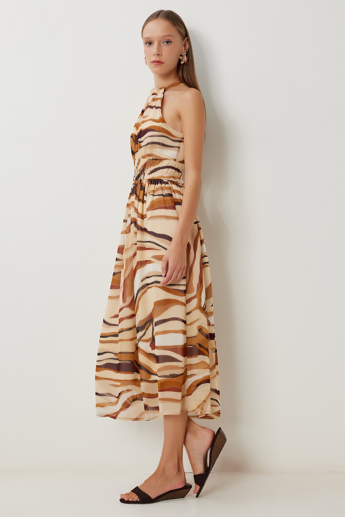 Desenli Midi Şifon Elbise CAMEL BEJ LFG0079