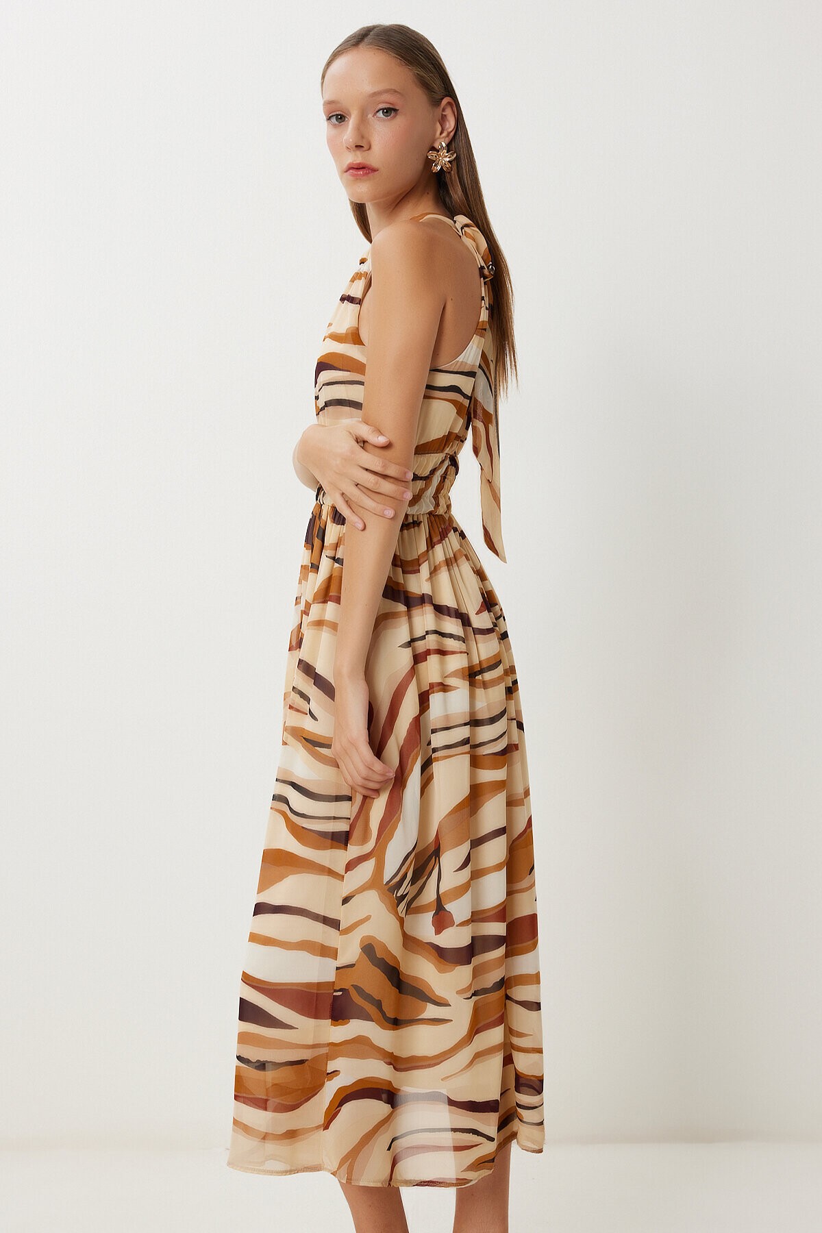 Desenli Midi Şifon Elbise CAMEL BEJ LFG0079