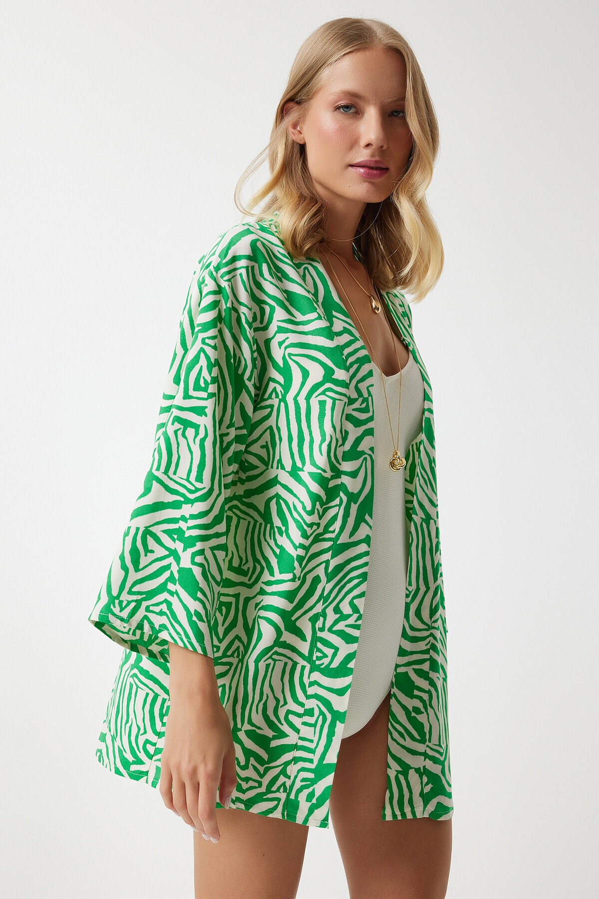 Desenli Viskon Kimono YEŞİL KEMİK LEN0004