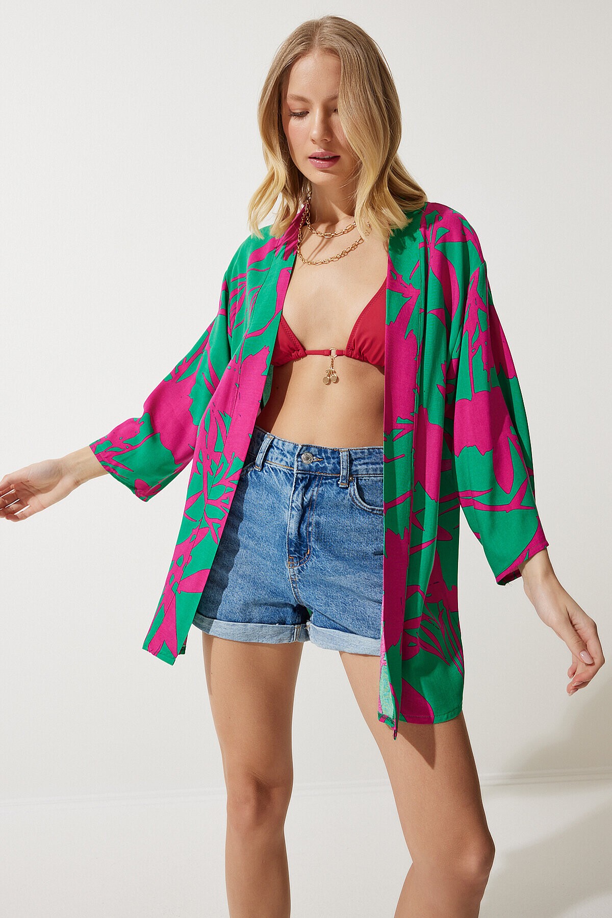 Desenli Viskon Kimono YEŞİL PEMBE LEN0004