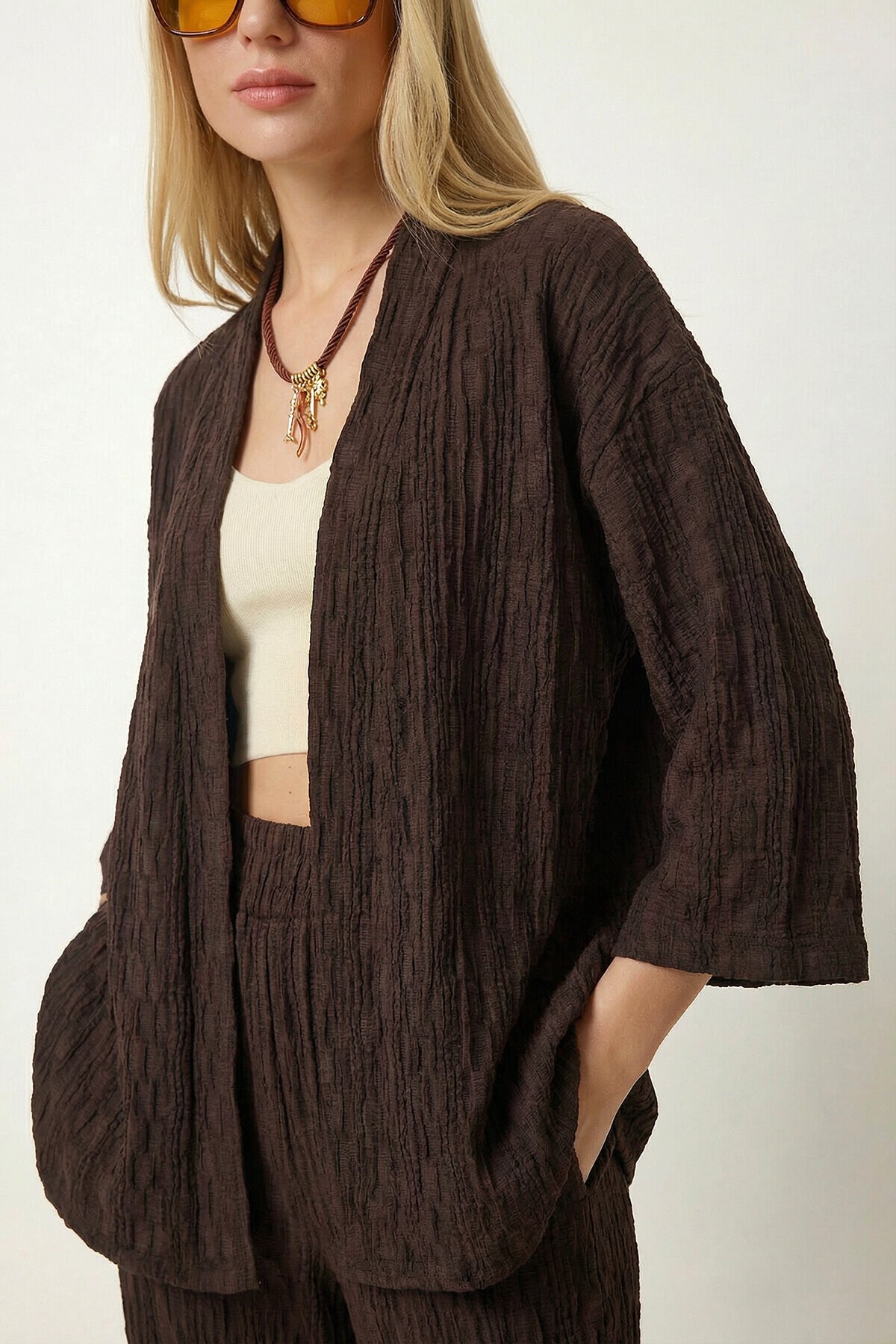 Dokulu Oversize Örme Kimono Takım KAHVERENGİ LBY0041