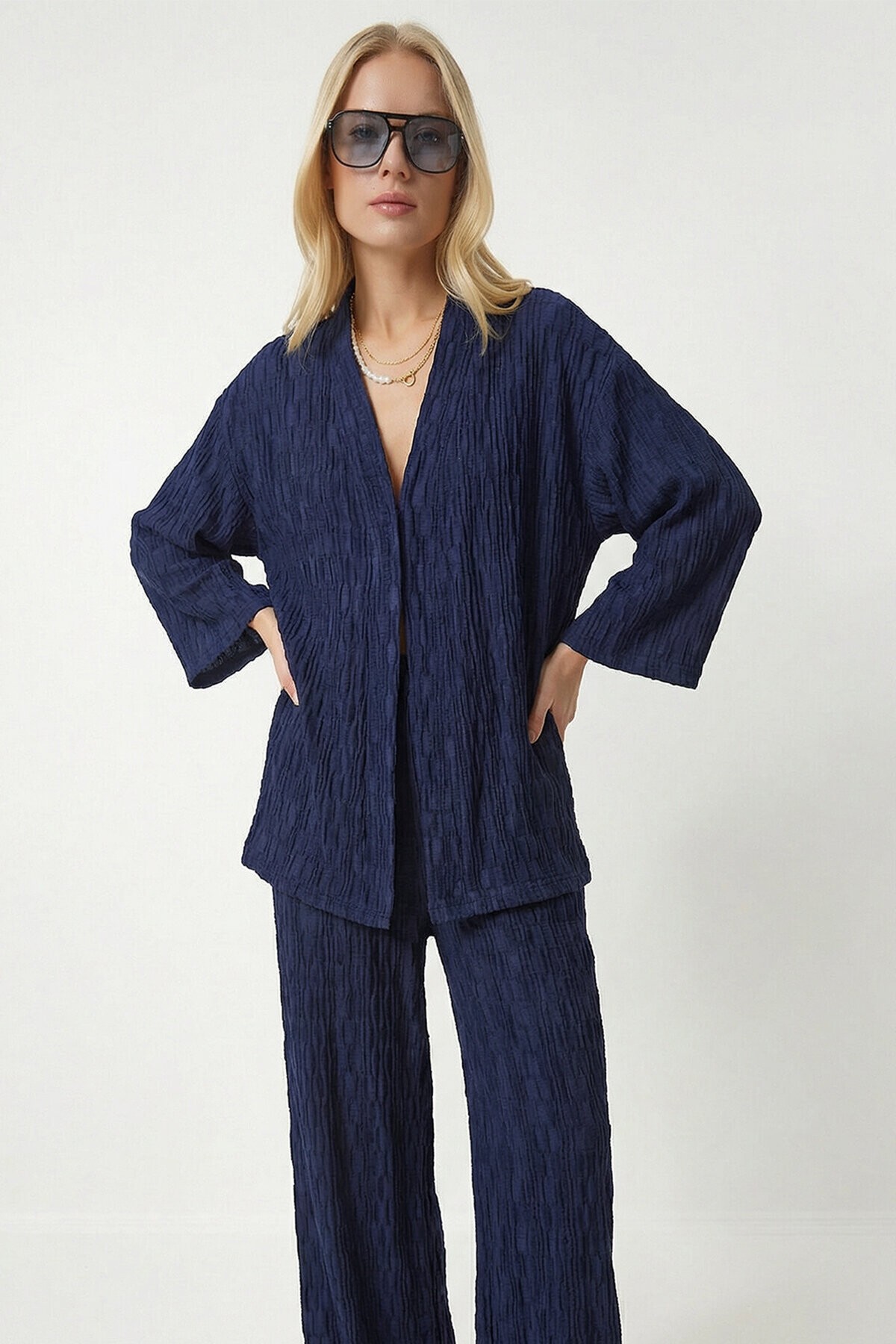 Dokulu Oversize Örme Kimono Takım LACİVERT LBY0041
