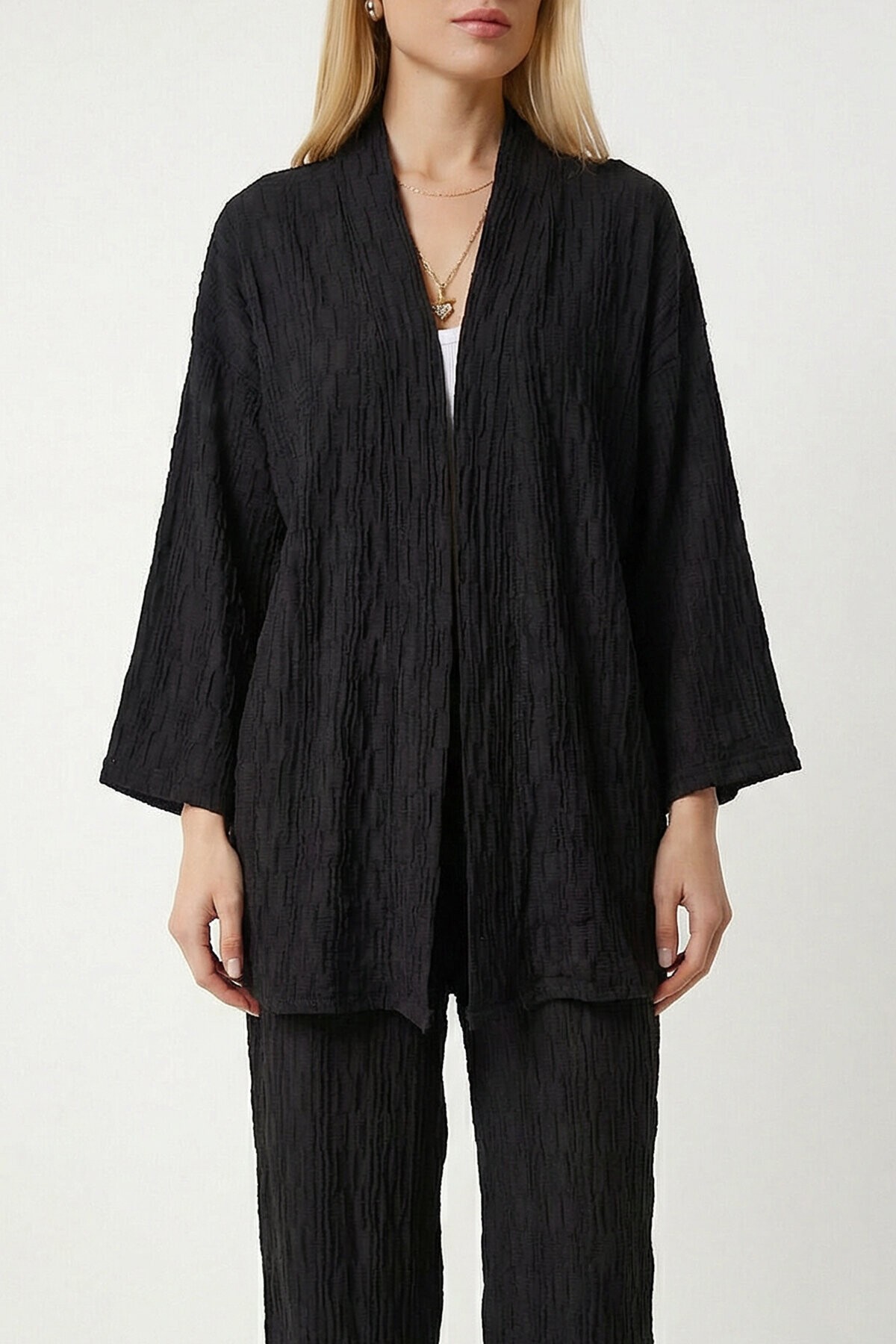 Dokulu Oversize Örme Kimono Takım SİYAH LBY0041