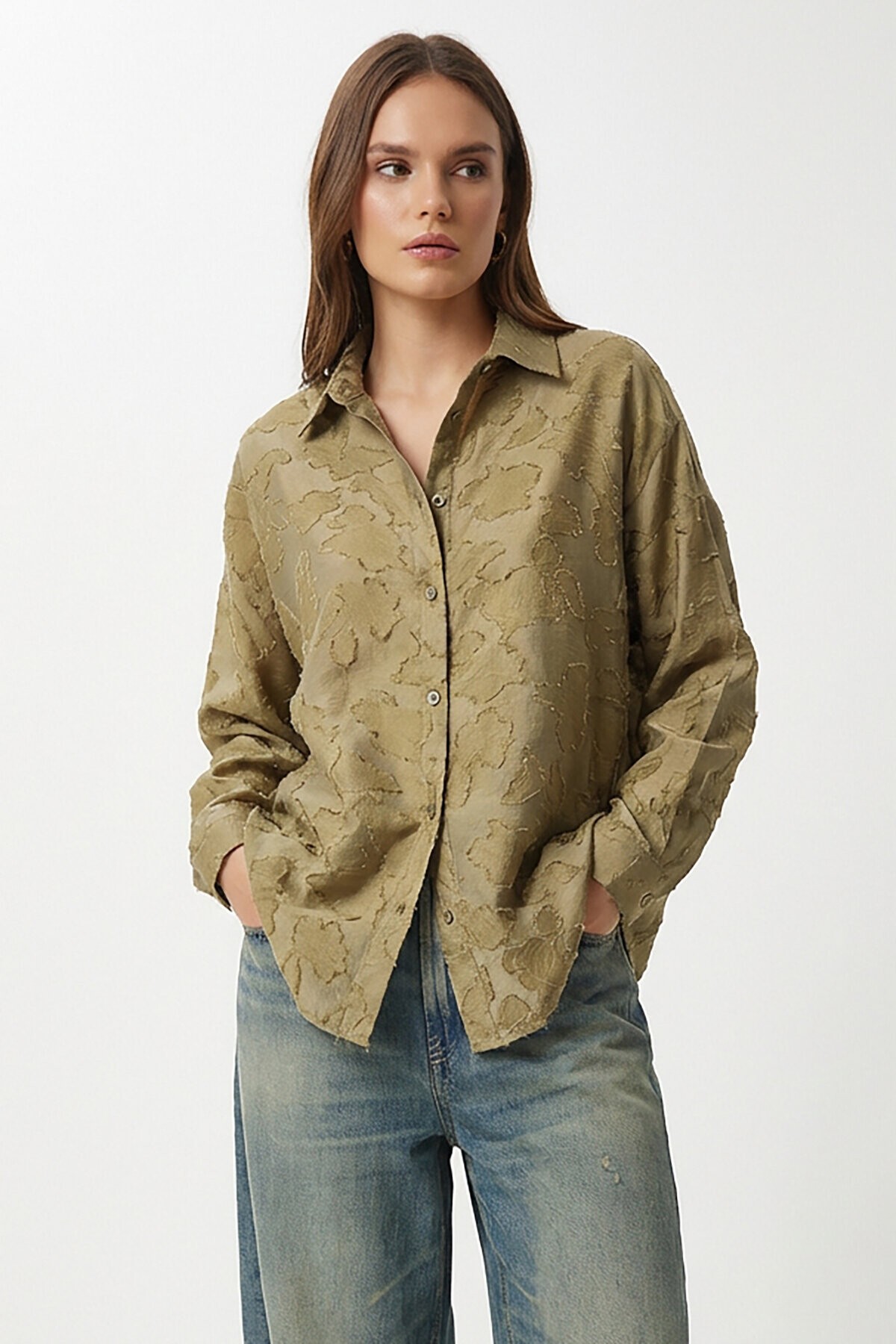 Dokulu Transparan Oversize Dokuma Gömlek ZEYTİN YEŞİLİ LCI0066