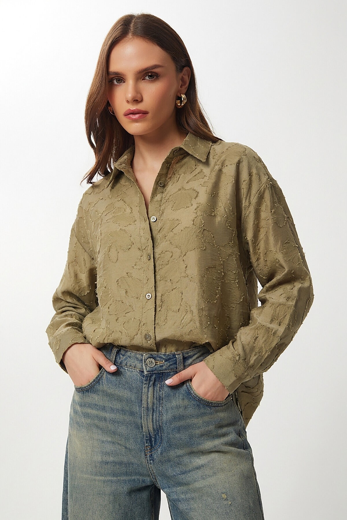 Dokulu Transparan Oversize Dokuma Gömlek ZEYTİN YEŞİLİ LCI0066