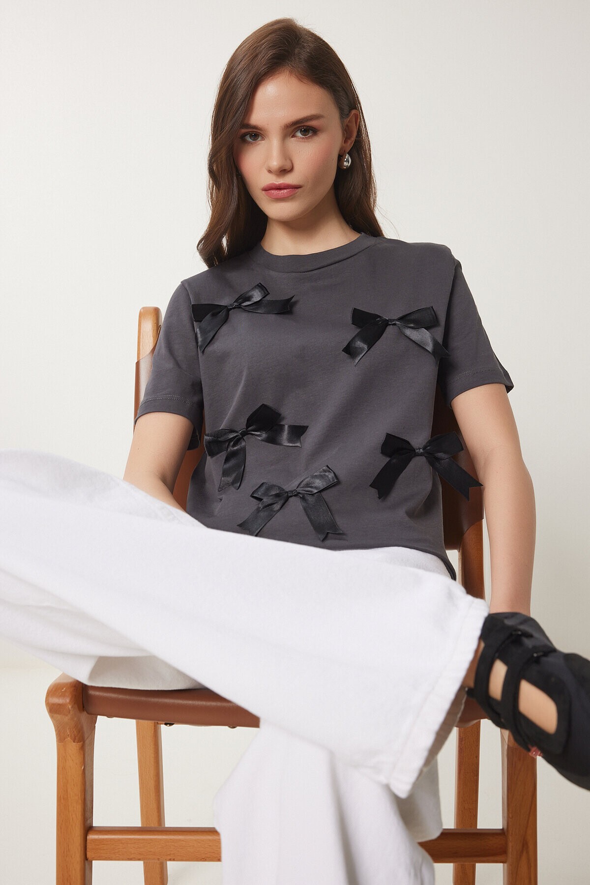 Fiyonklu Pamuklu Örme T-shirt ANTRASİT LCR0028