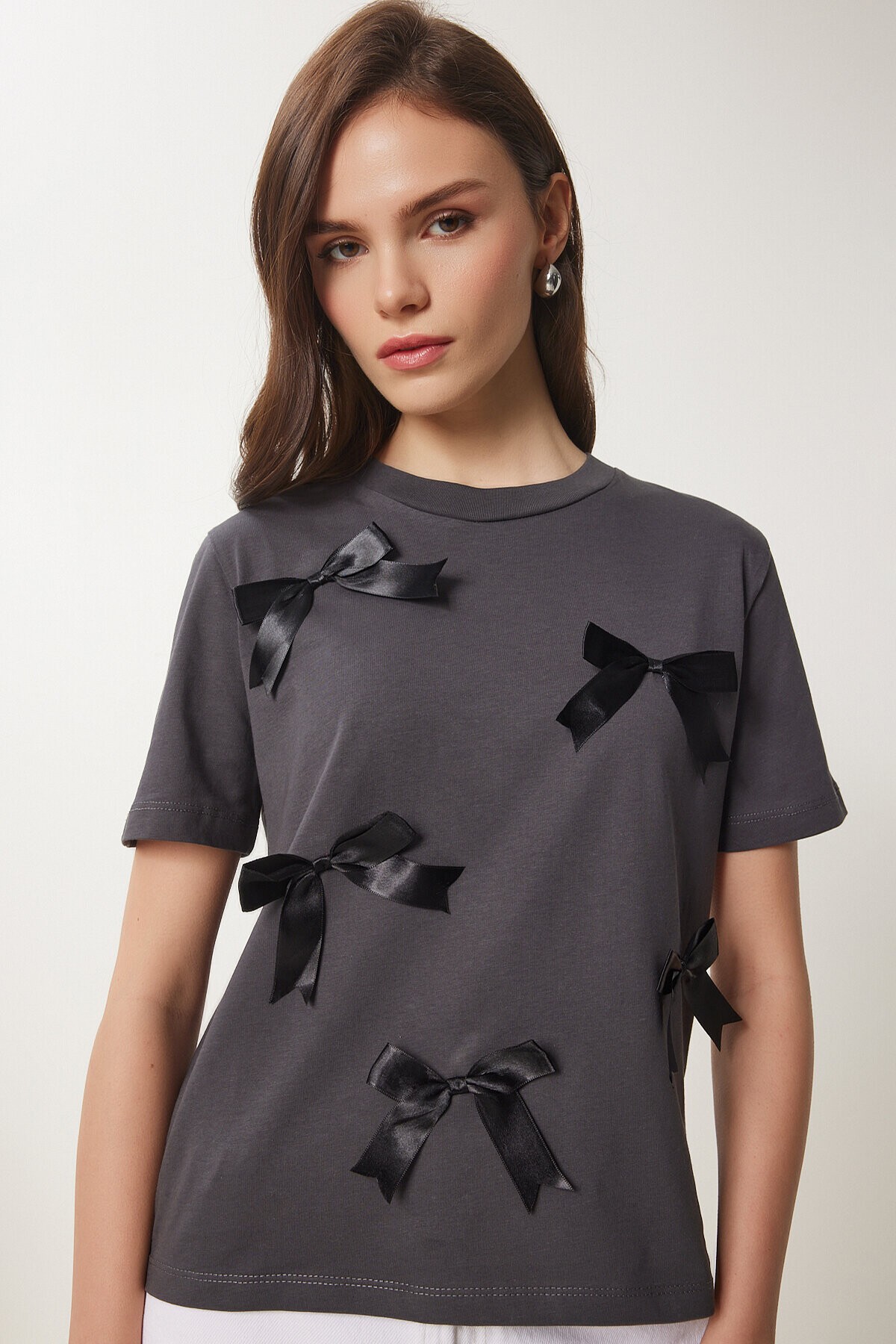 Fiyonklu Pamuklu Örme T-shirt ANTRASİT LCR0028