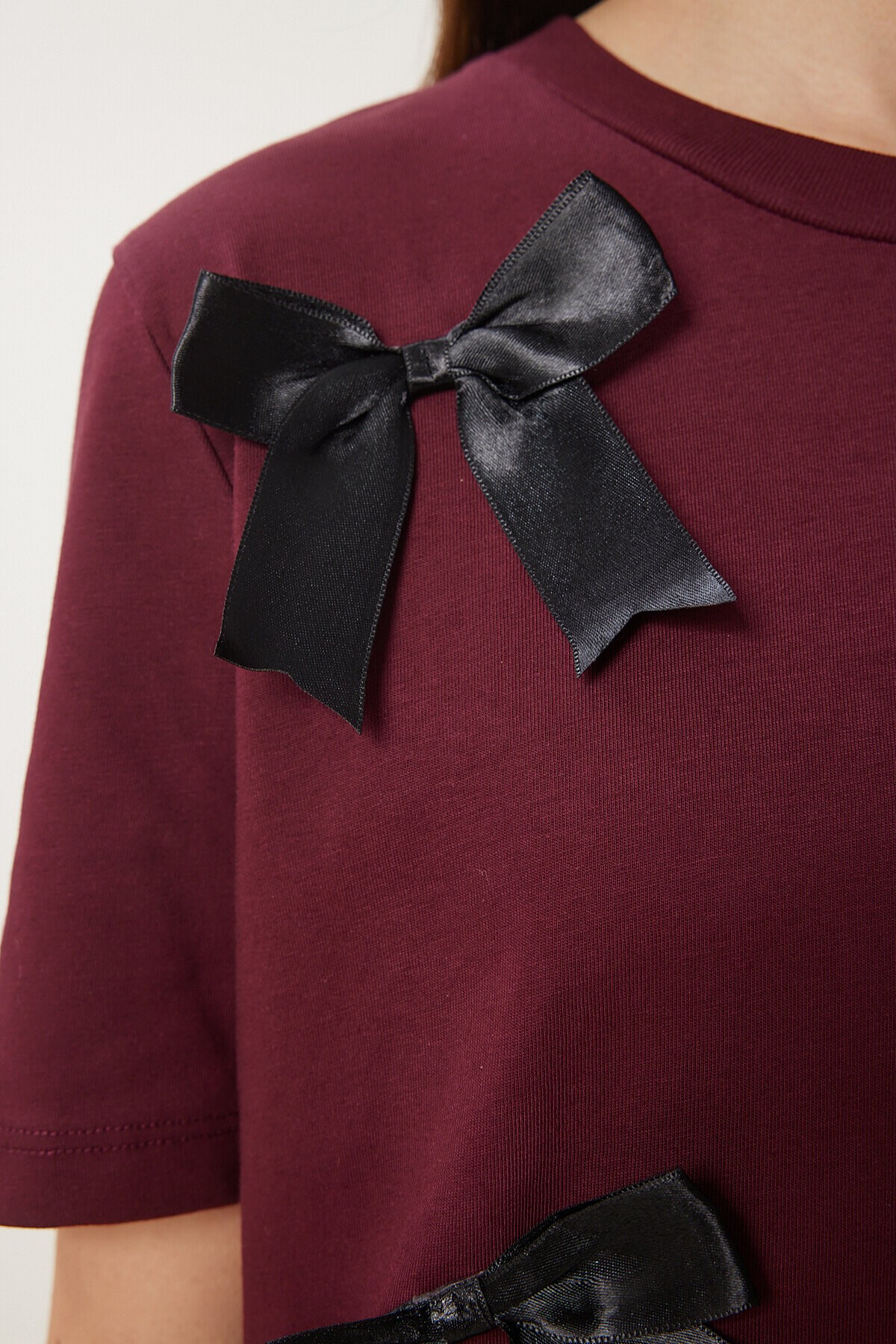 Fiyonklu Pamuklu Örme T-shirt BORDO LCR0028