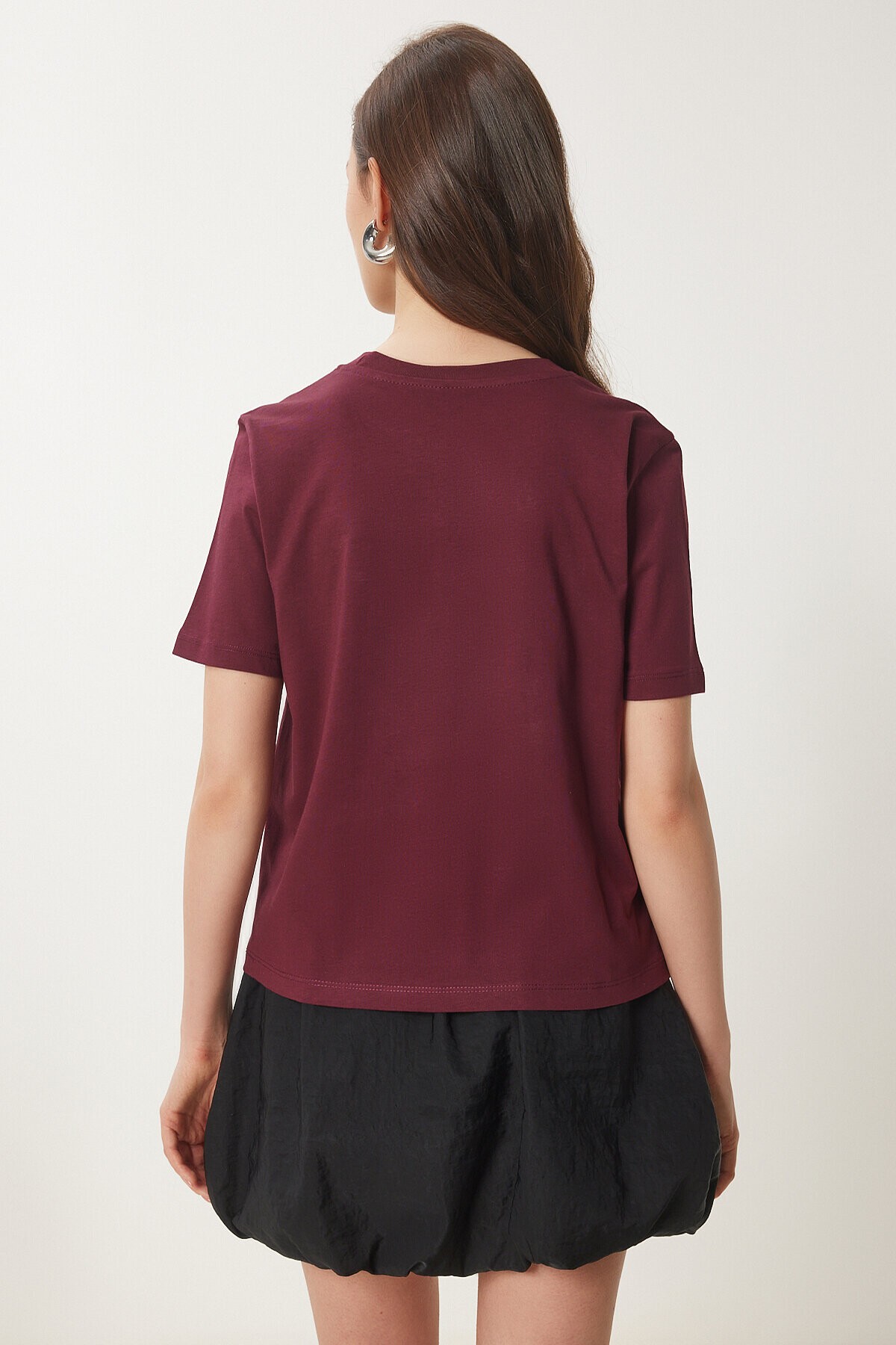 Fiyonklu Pamuklu Örme T-shirt BORDO LCR0028
