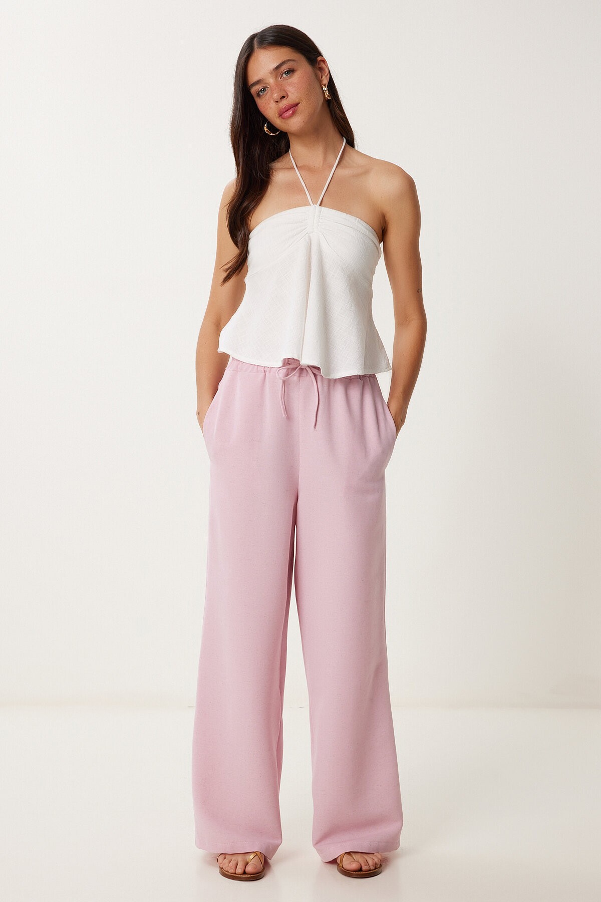 Geniş Paça Keten Pantolon ŞEKER PEMBE LDP0071