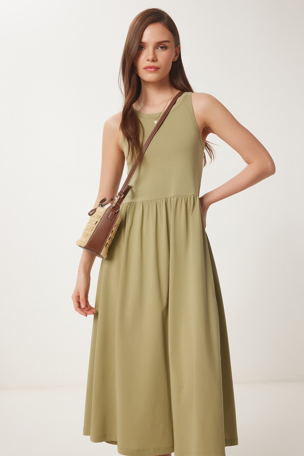 Halter Yaka Basic Yazlık Örme Elbise HAKİ LCR0053