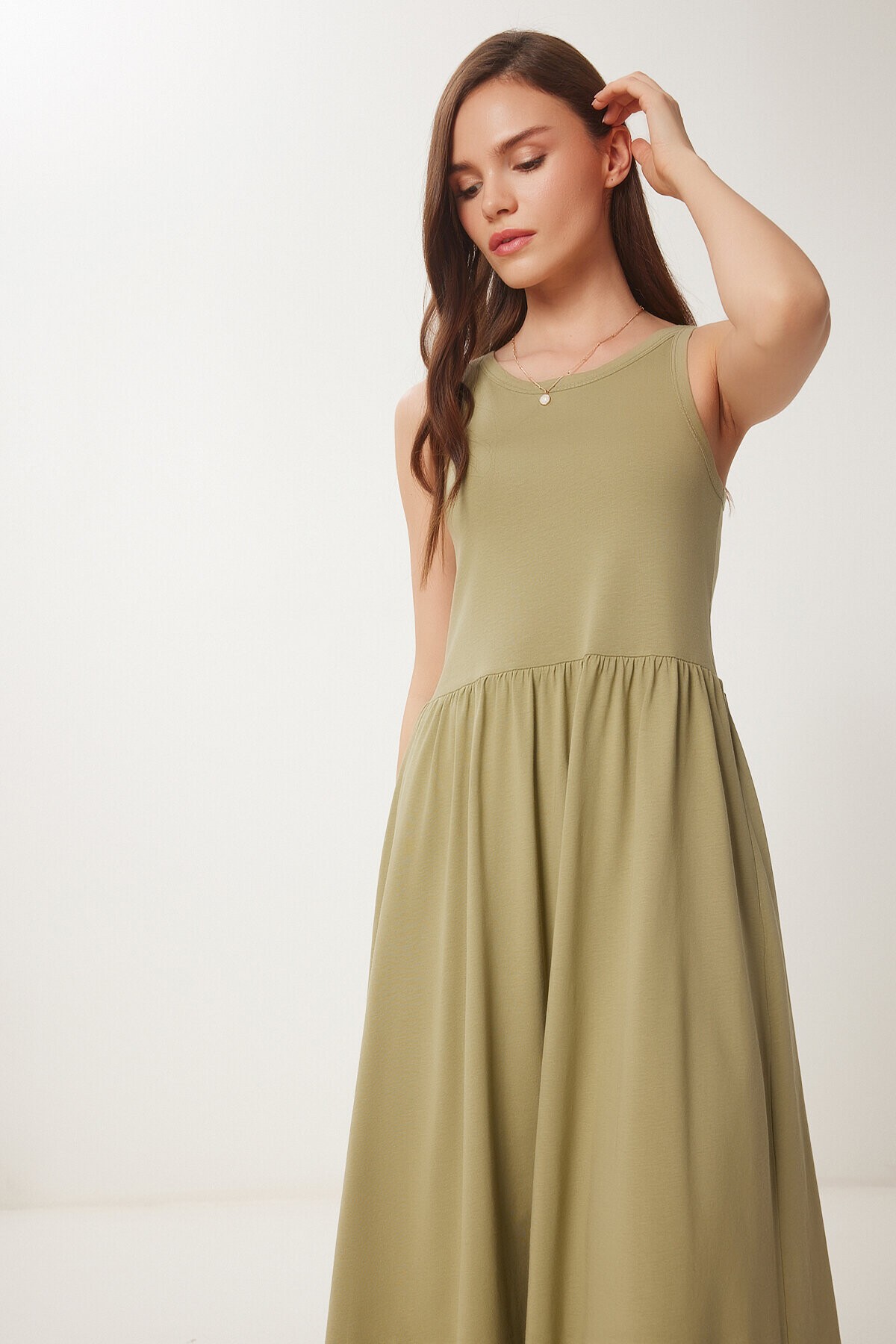 Halter Yaka Basic Yazlık Örme Elbise HAKİ LCR0053