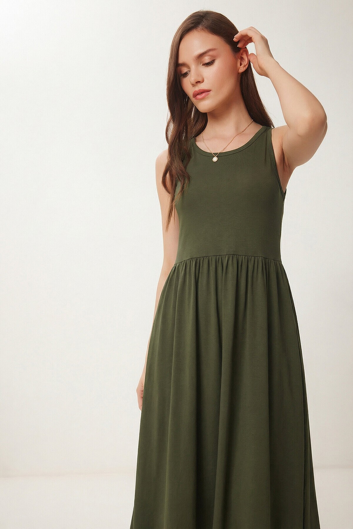 Halter Yaka Basic Yazlık Örme Elbise KOYU HAKİ LCR0053
