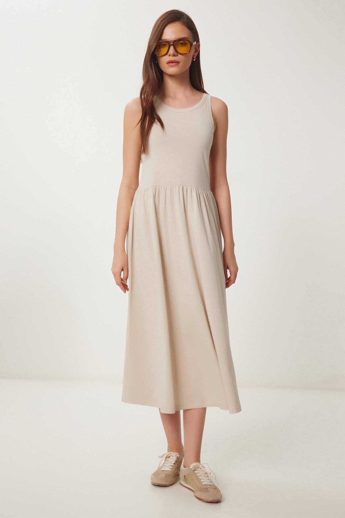 Halter Yaka Basic Yazlık Örme Elbise KREM LCR0053