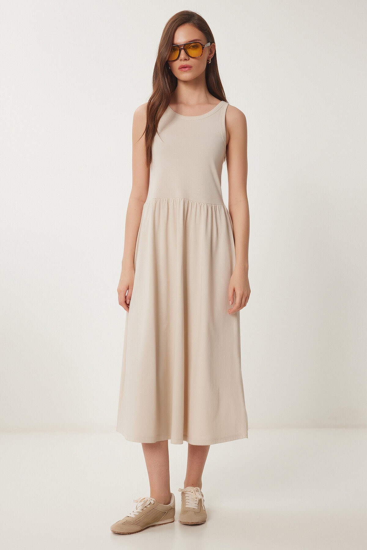 Halter Yaka Basic Yazlık Örme Elbise KREM LCR0053