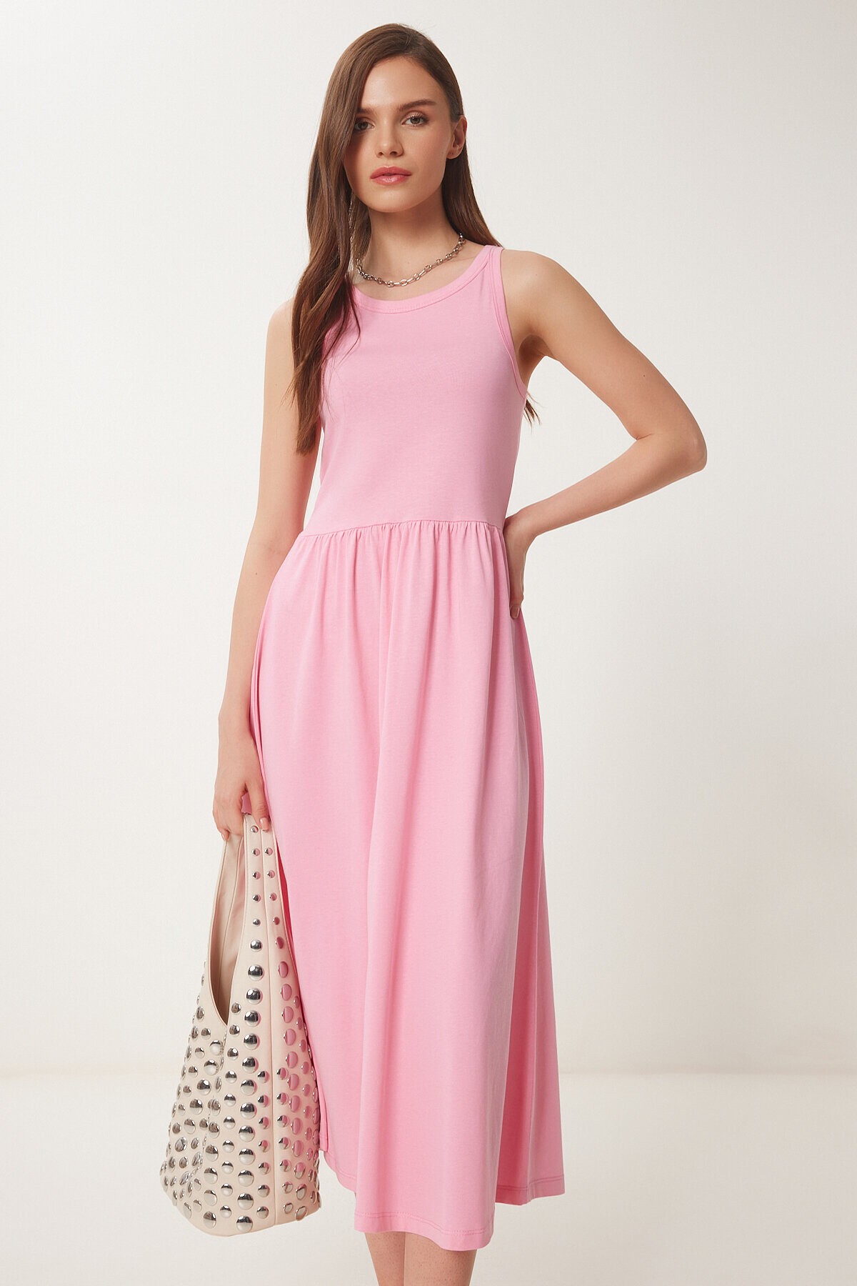 Halter Yaka Basic Yazlık Örme Elbise PEMBE LCR0053