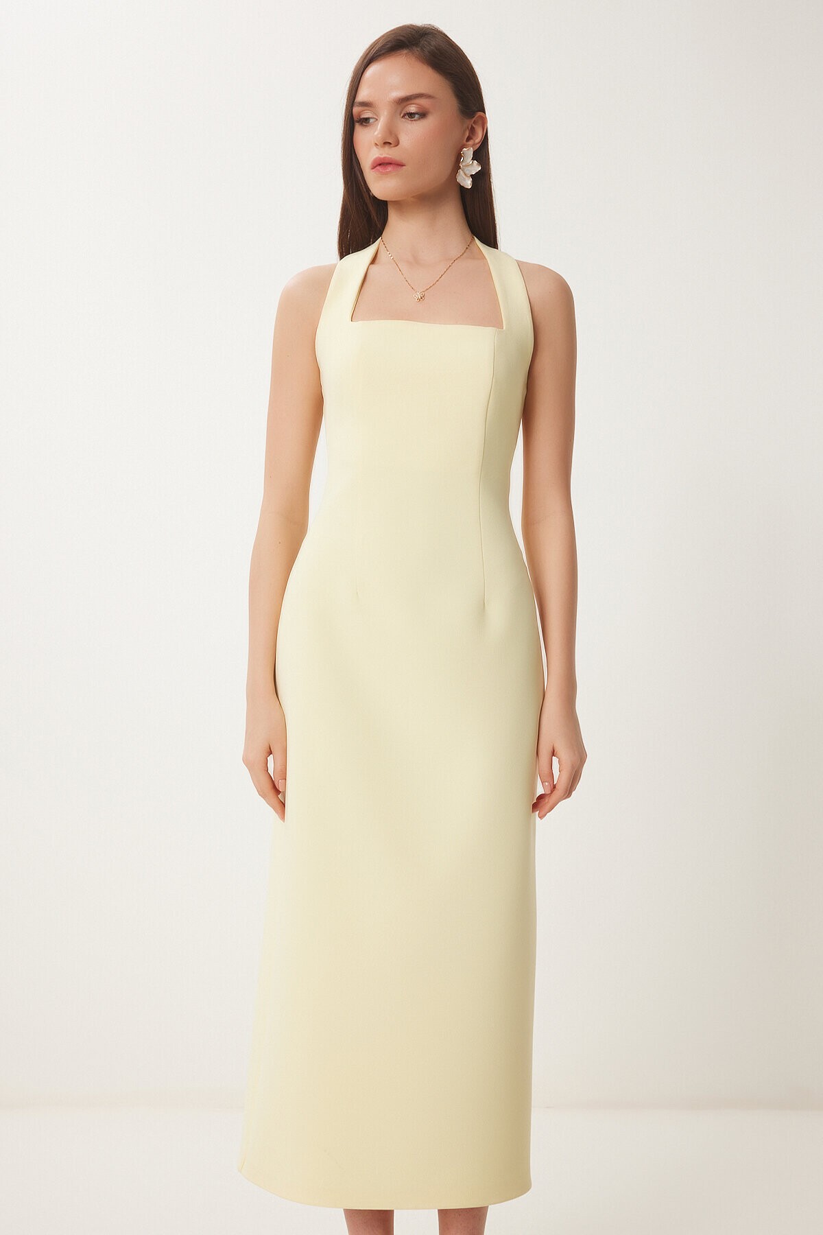 Halter Yaka Midi Dokuma Elbise SARI LFK0005