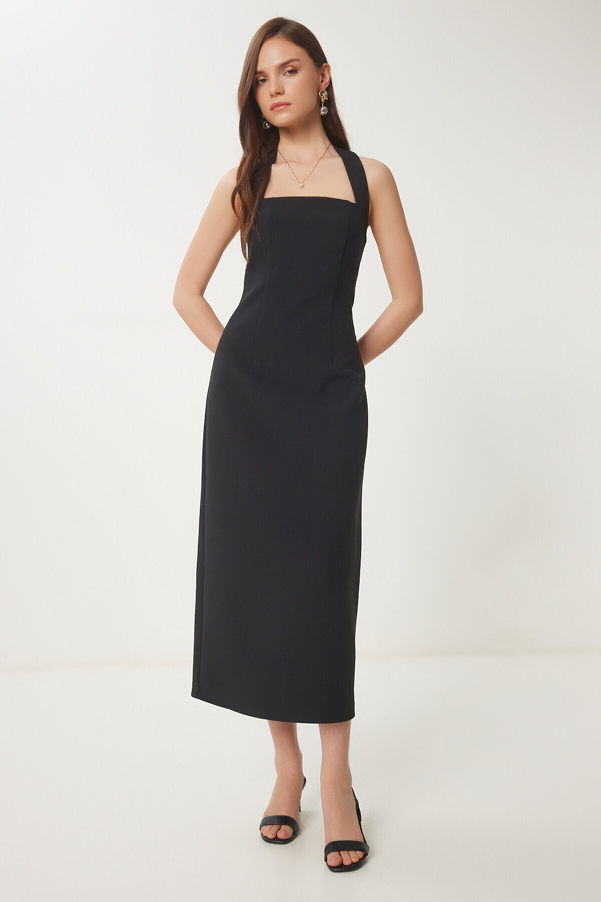Halter Yaka Midi Dokuma Elbise SİYAH LFK0005