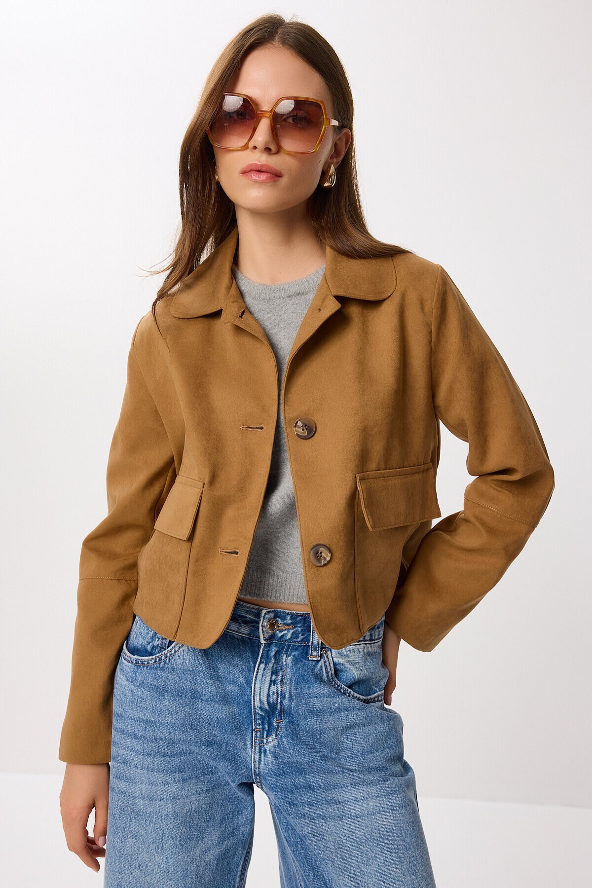 Kapaklı Cepli Süet Ceket CAMEL LDP0081