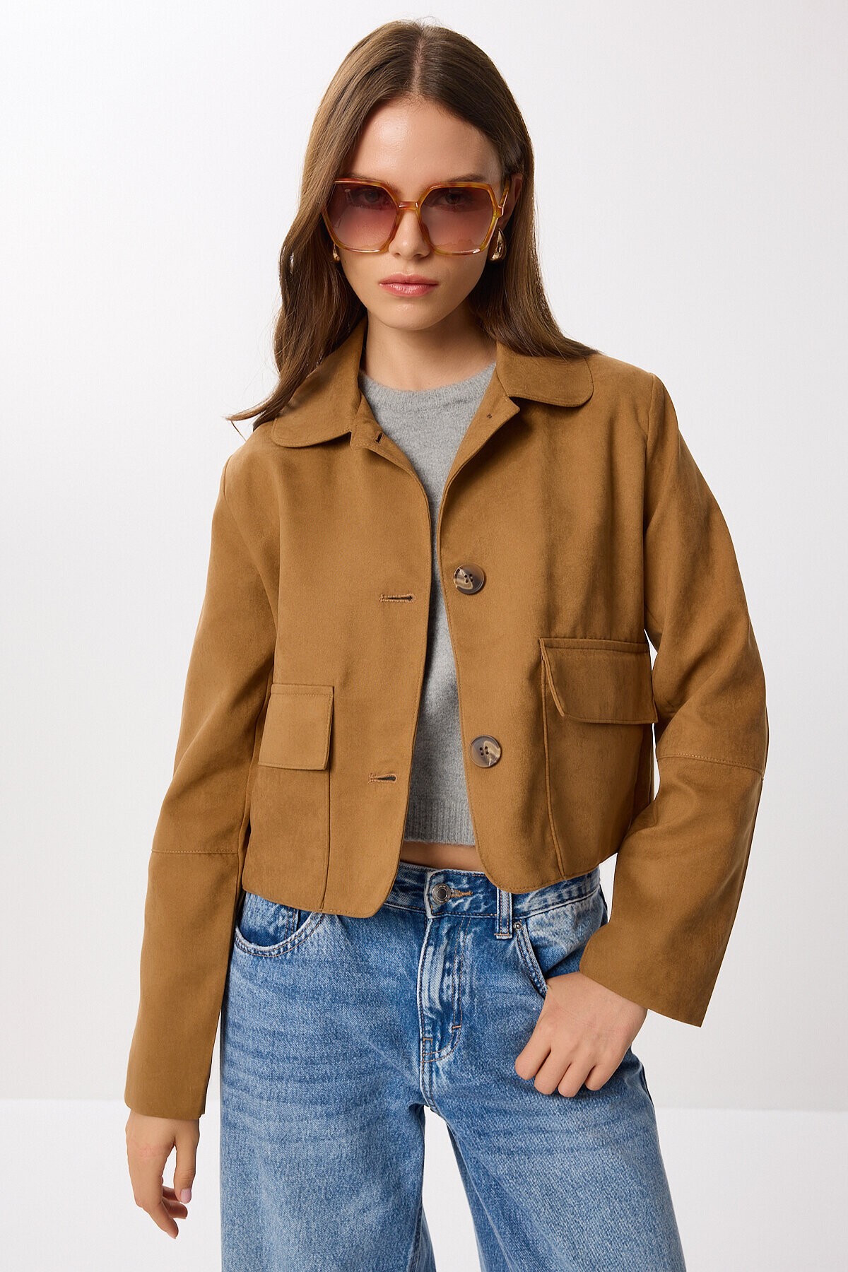 Kapaklı Cepli Süet Ceket CAMEL LDP0081