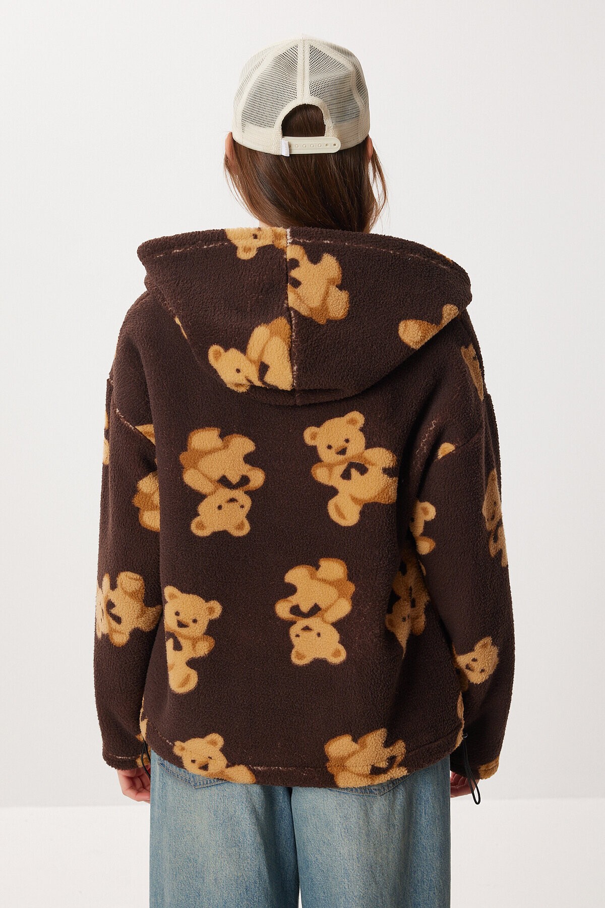 Kapüşonlu Ayıcıklı Oversize Polar Sweatshirt KAHVERENGİ LCI0065