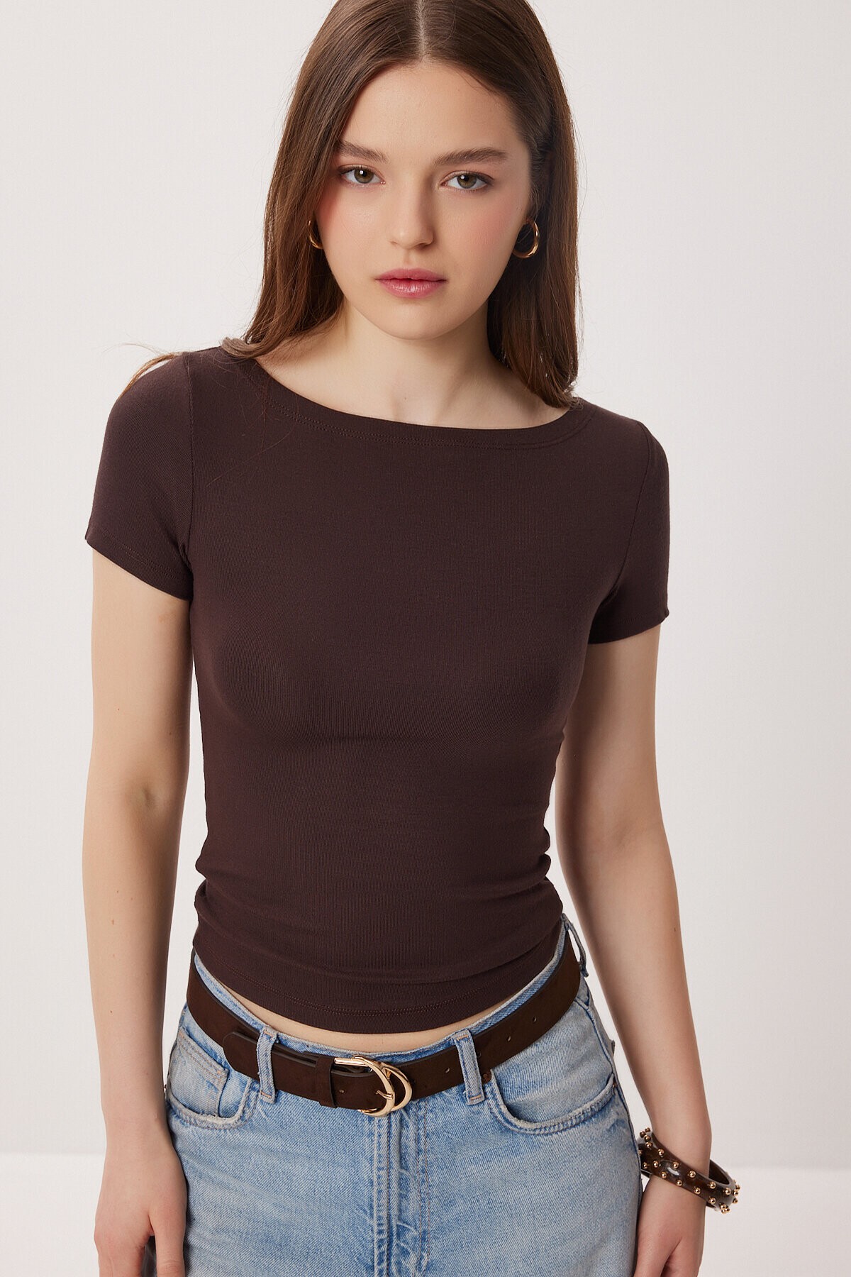 Kayık Yaka Basic Örme Bluz KAHVERENGİ LDZ0065