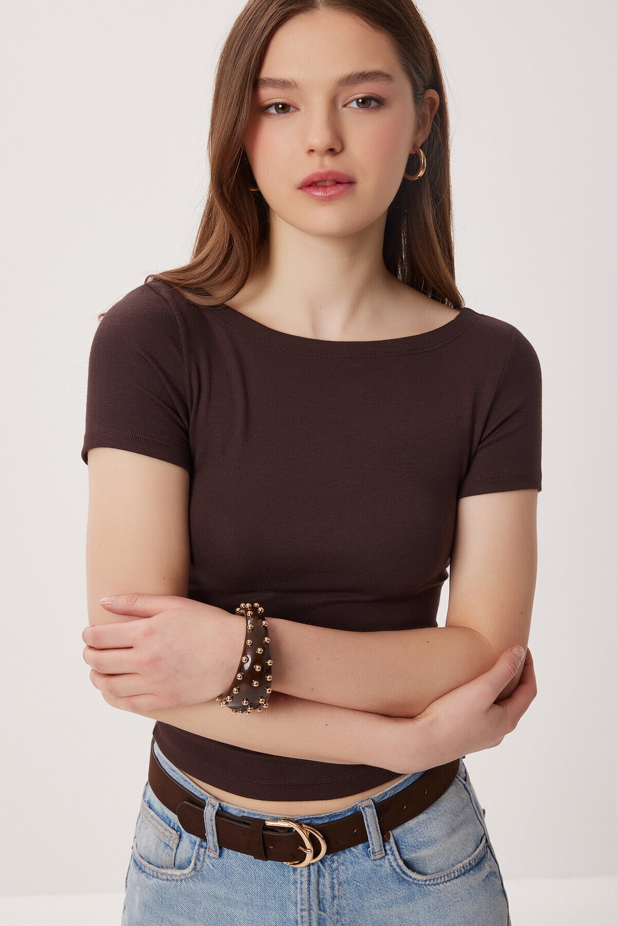 Kayık Yaka Basic Örme Bluz KAHVERENGİ LDZ0065