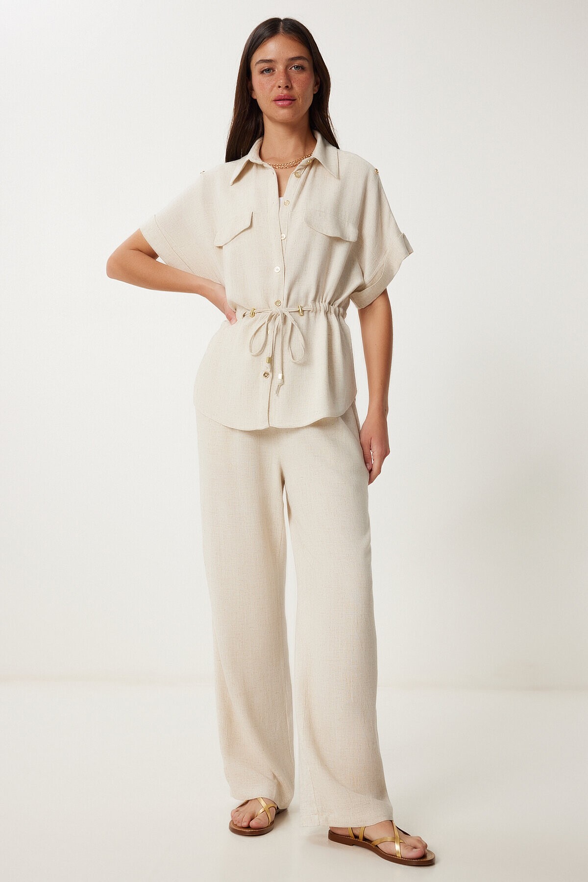 Keten Ceket Pantolon Takım KREM LDP0057