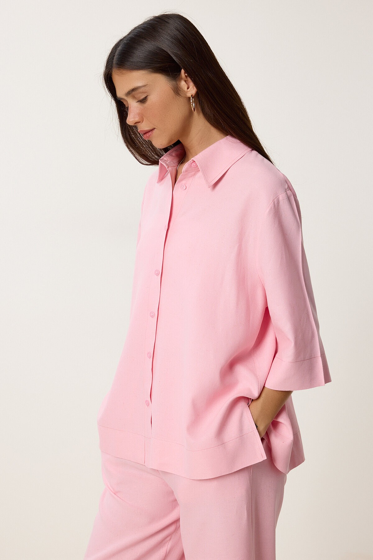 Keten Gömlek Pantolon Takım PEMBE LDP0058