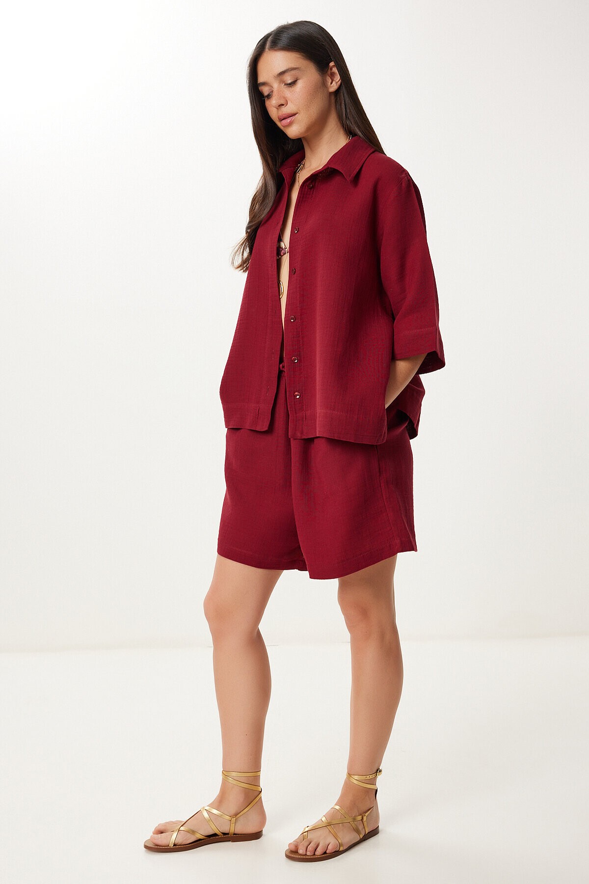 Müslin Gömlek Şort Takım BORDO LDP0064
