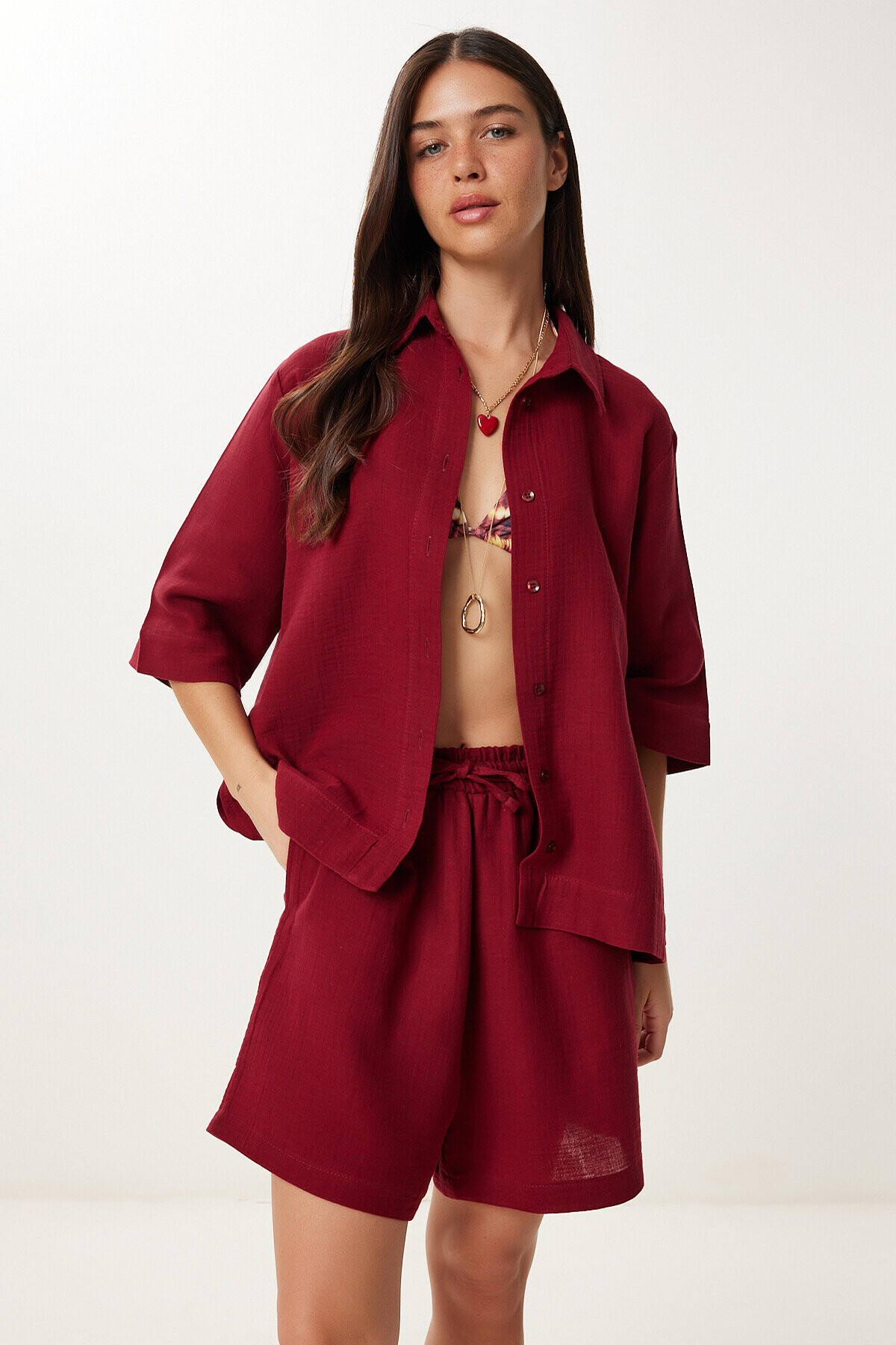 Müslin Gömlek Şort Takım BORDO LDP0064