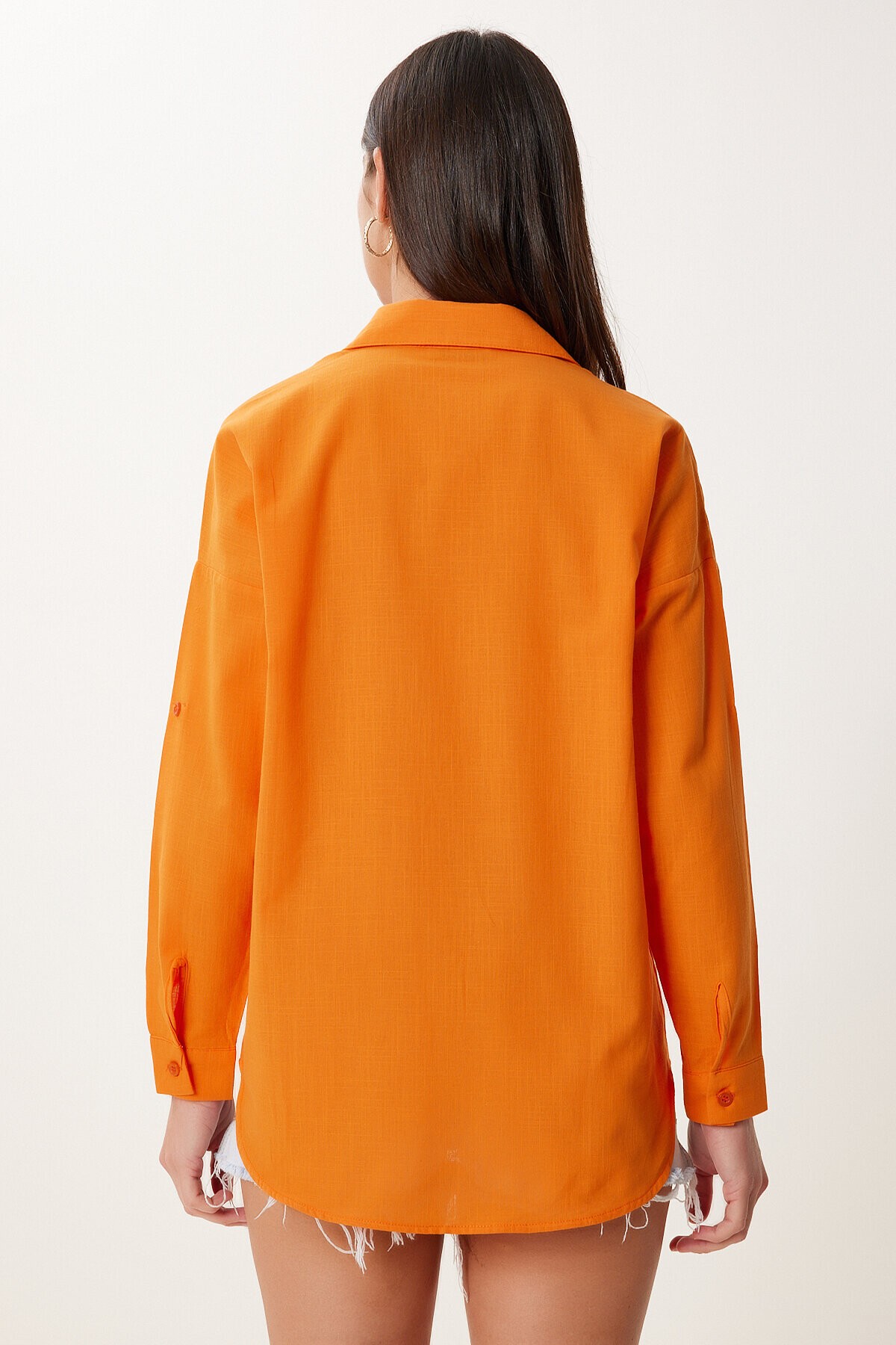 Nakış Detaylı Oversize Keten Gömlek ORANJ LDE0007