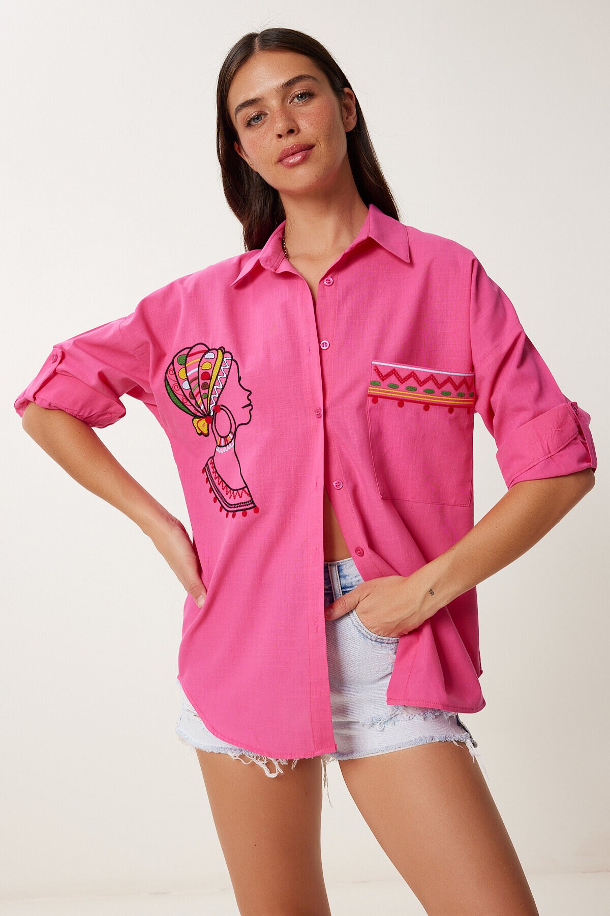 Nakış Detaylı Oversize Keten Gömlek PEMBE LDE0007