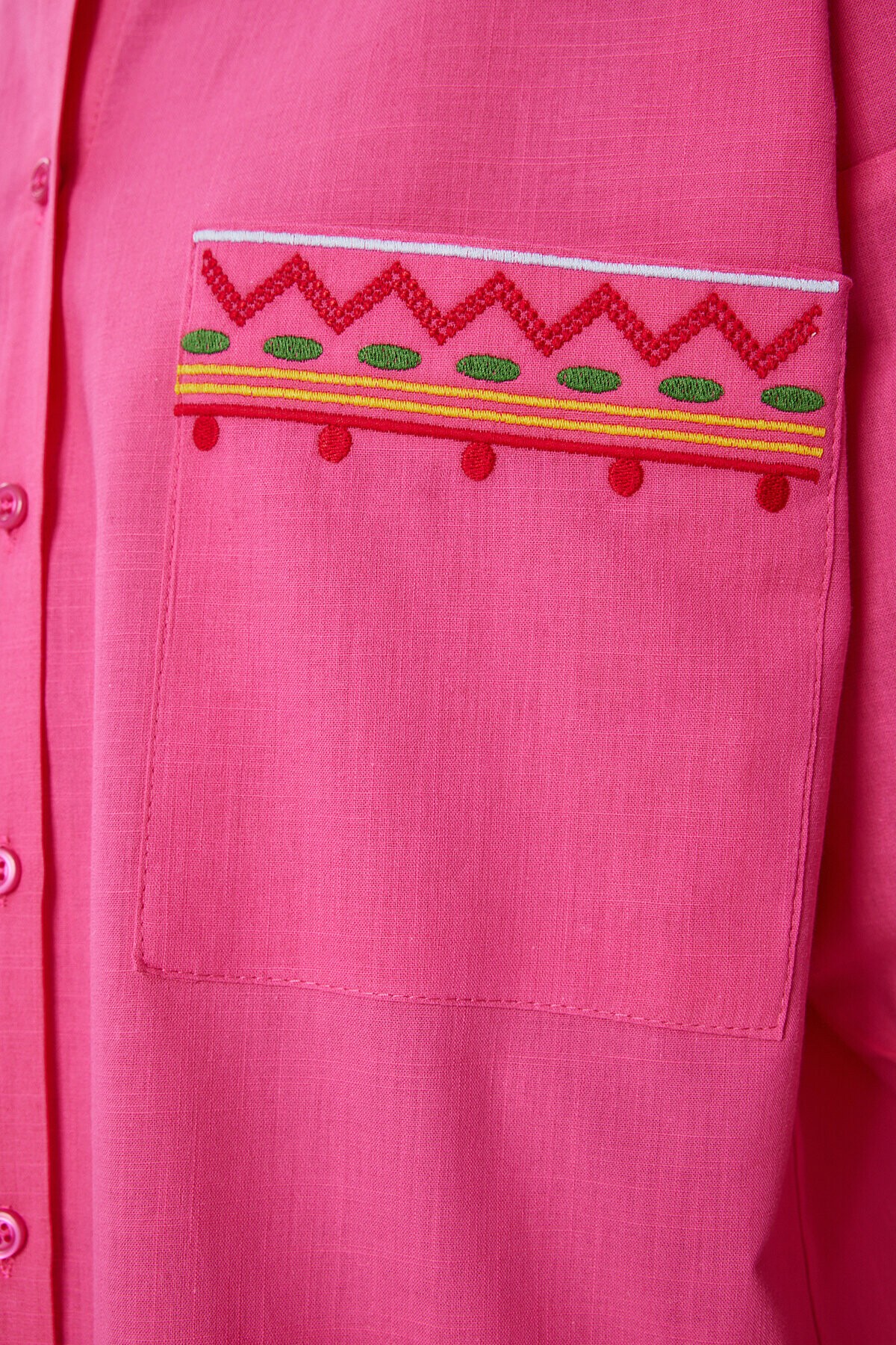 Nakış Detaylı Oversize Keten Gömlek PEMBE LDE0007