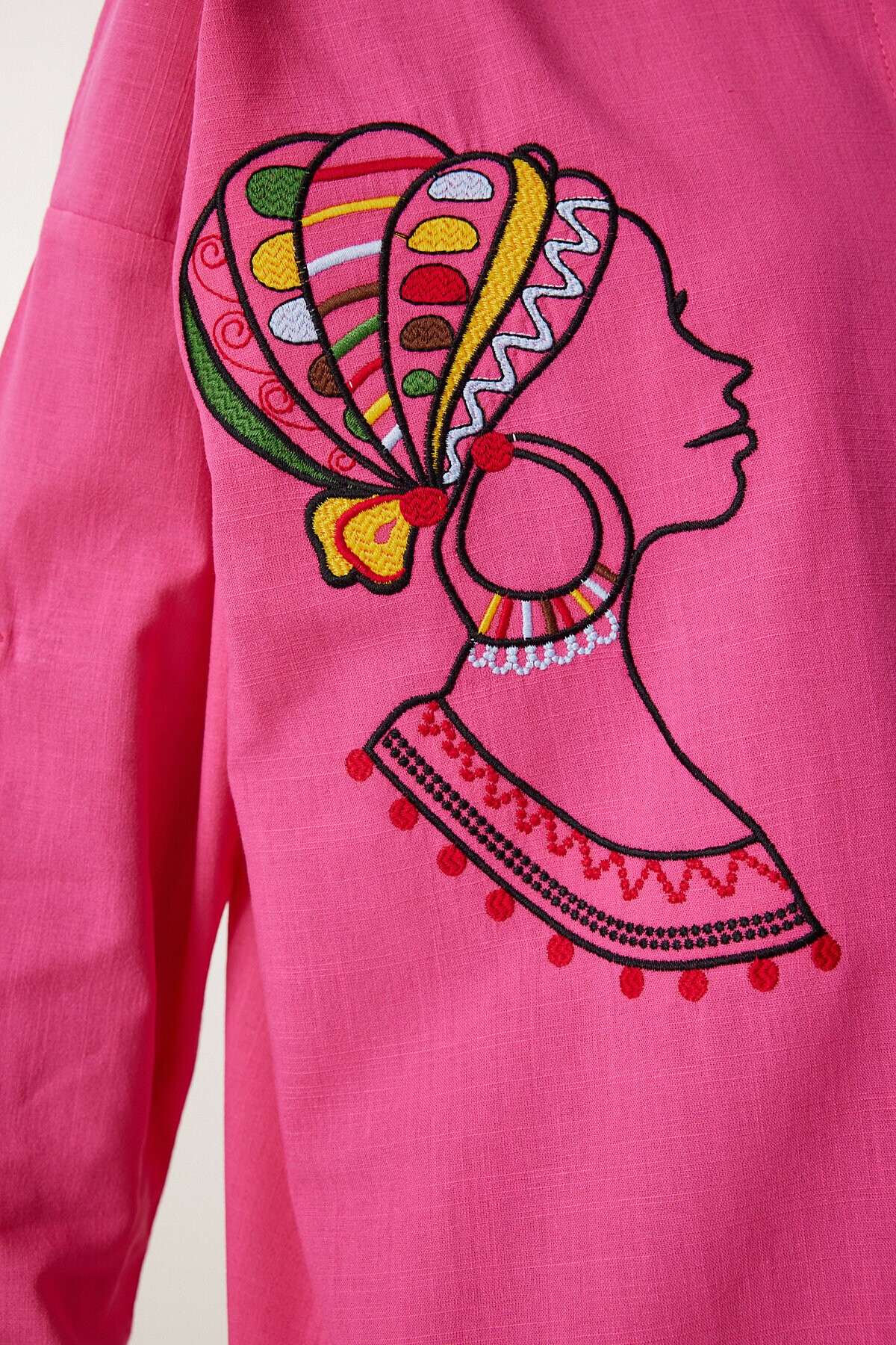 Nakış Detaylı Oversize Keten Gömlek PEMBE LDE0007