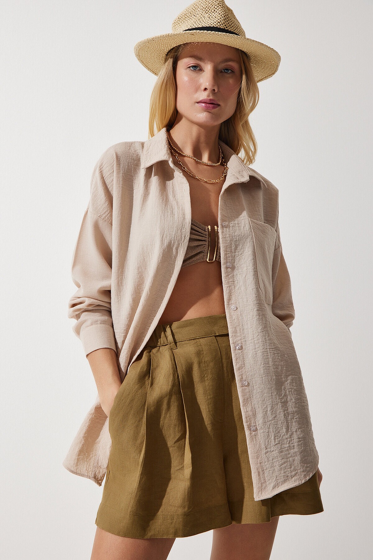 Oversize Basic Keten Ayrobin Gömlek AÇIK BEJ LDD0009