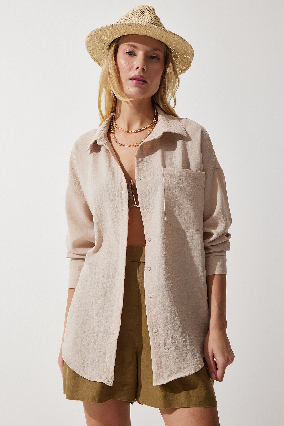 Oversize Basic Keten Ayrobin Gömlek AÇIK BEJ LDD0009