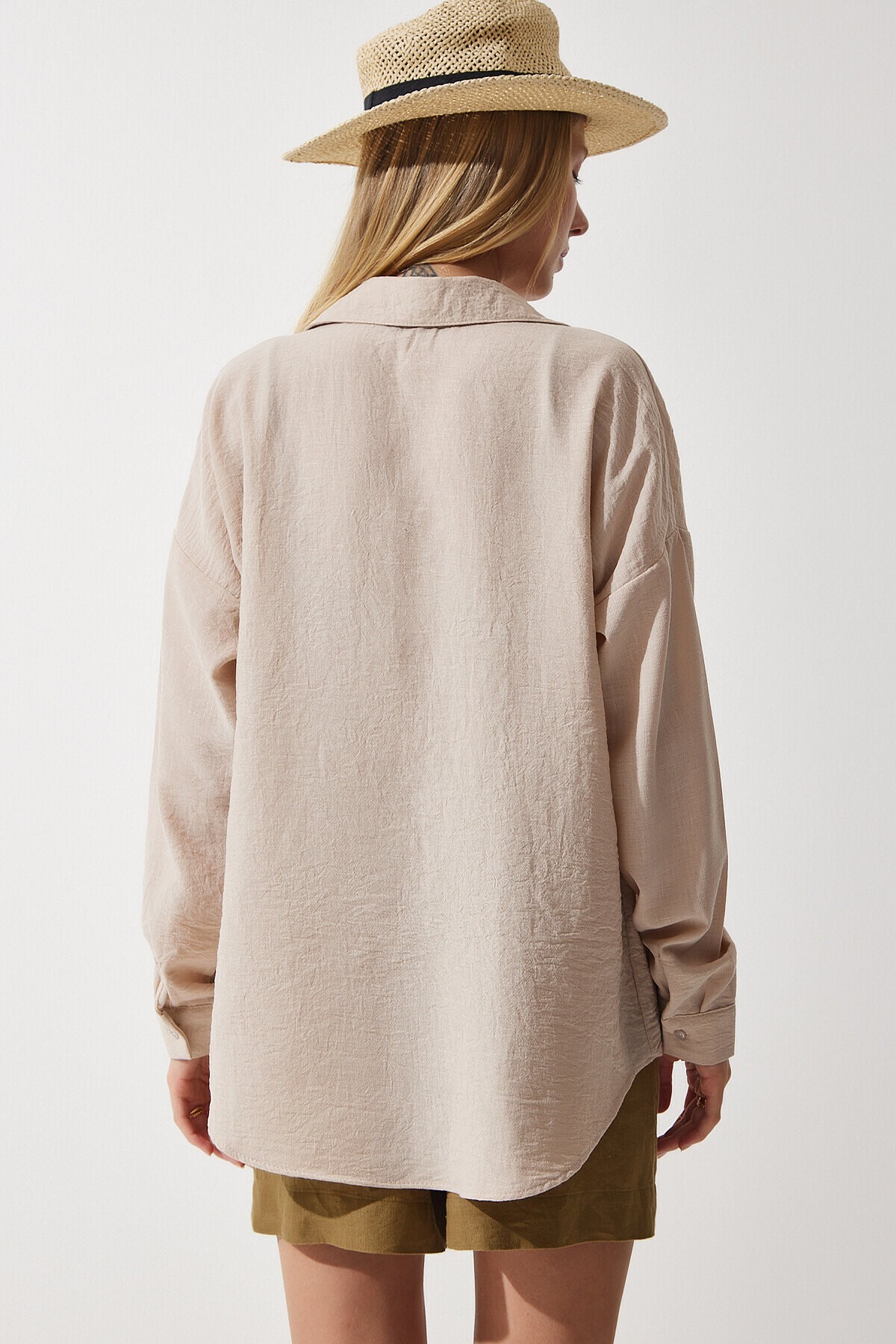 Oversize Basic Keten Ayrobin Gömlek AÇIK BEJ LDD0009