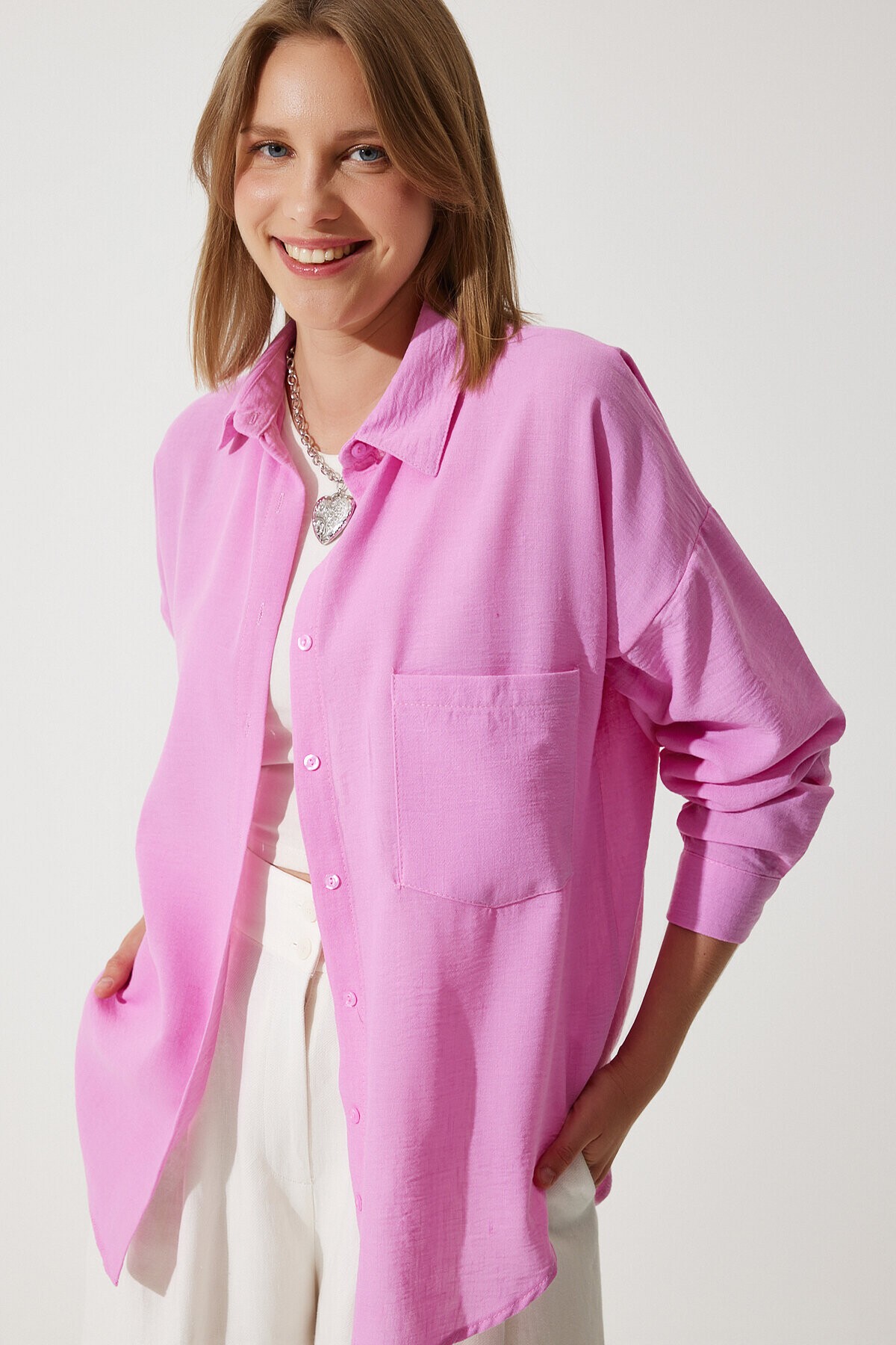 Oversize Basic Keten Ayrobin Gömlek AÇIK PEMBE LDD0009