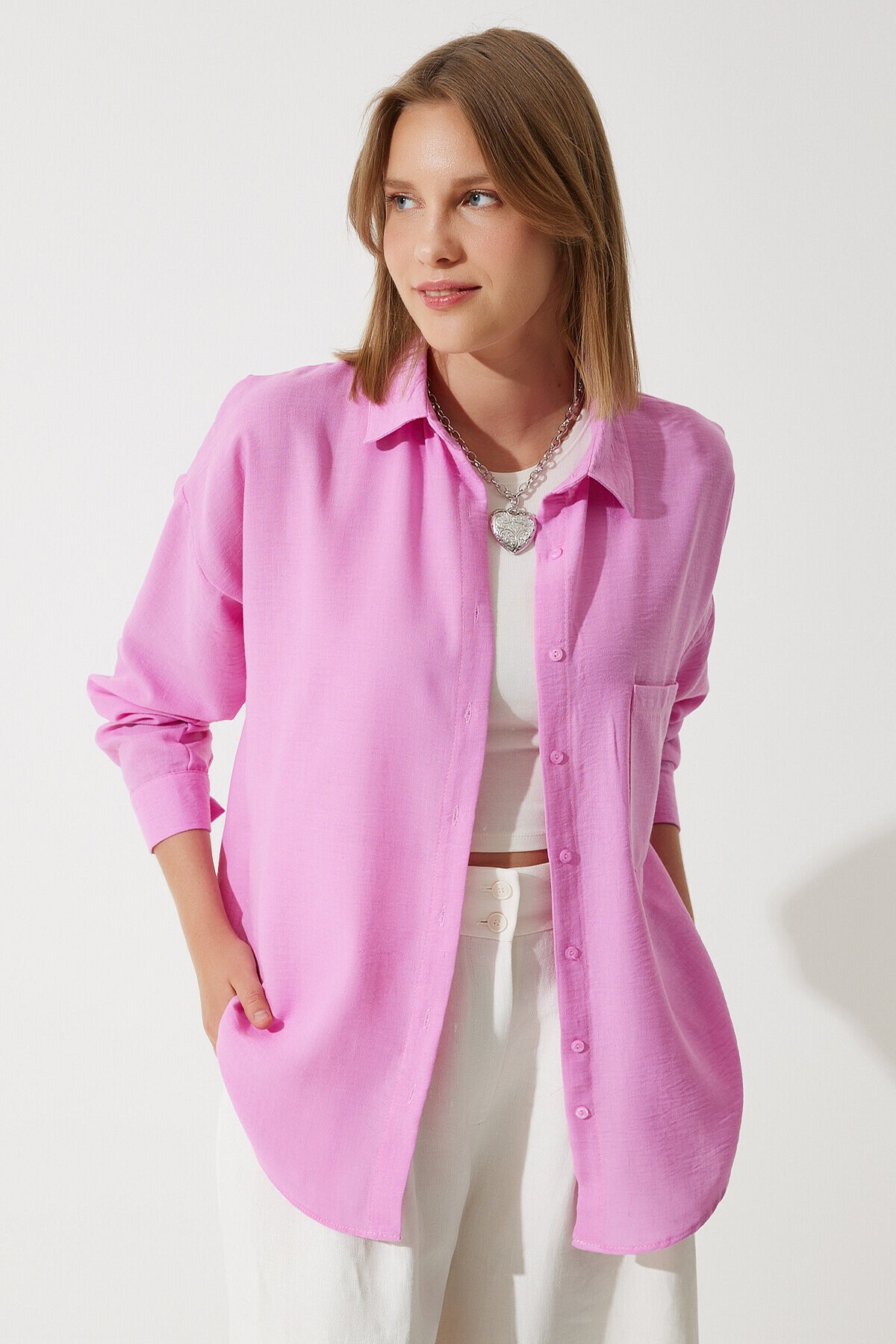 Oversize Basic Keten Ayrobin Gömlek AÇIK PEMBE LDD0009