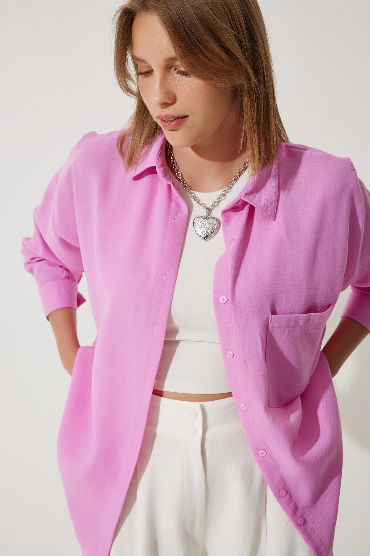 Oversize Basic Keten Ayrobin Gömlek AÇIK PEMBE LDD0009