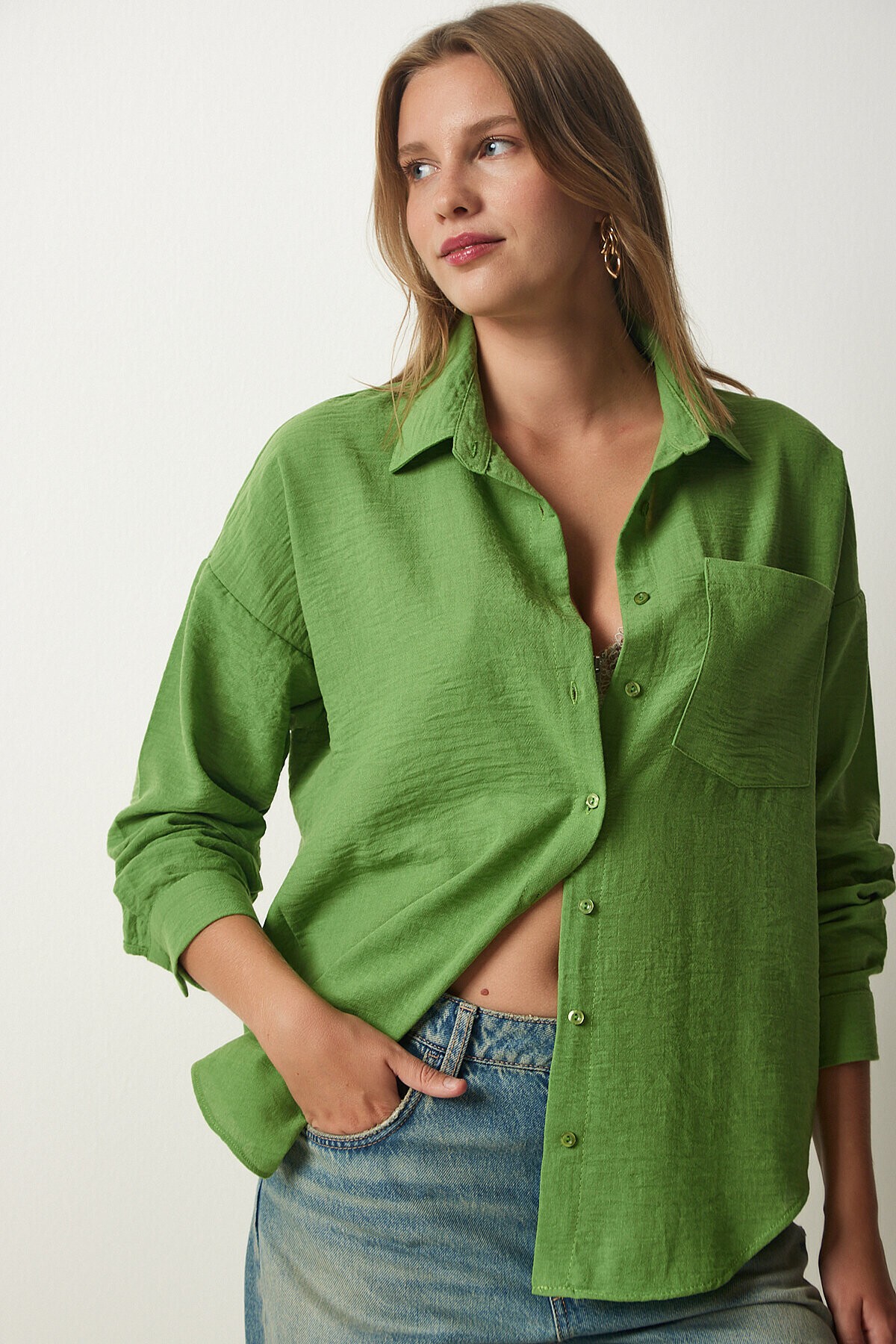 Oversize Basic Keten Ayrobin Gömlek KOYU ÇAĞLA YEŞİLİ LDD0009